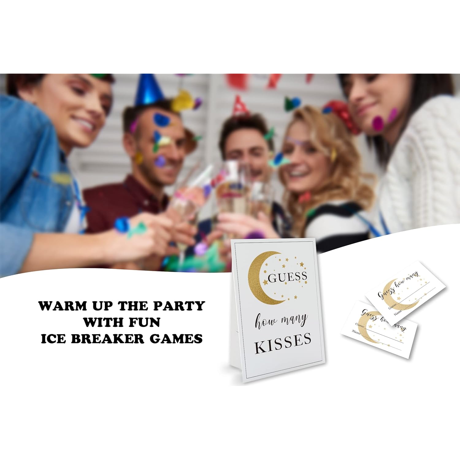 How Many Kisses Are In The Jar Game-1 Standing Sign And 50 Guessing Cards, Golden Moon Bridal Shower Games, Baby Shower Sign, For Boys Girls Baby Shower Favors And Weddings Party Decoration-18