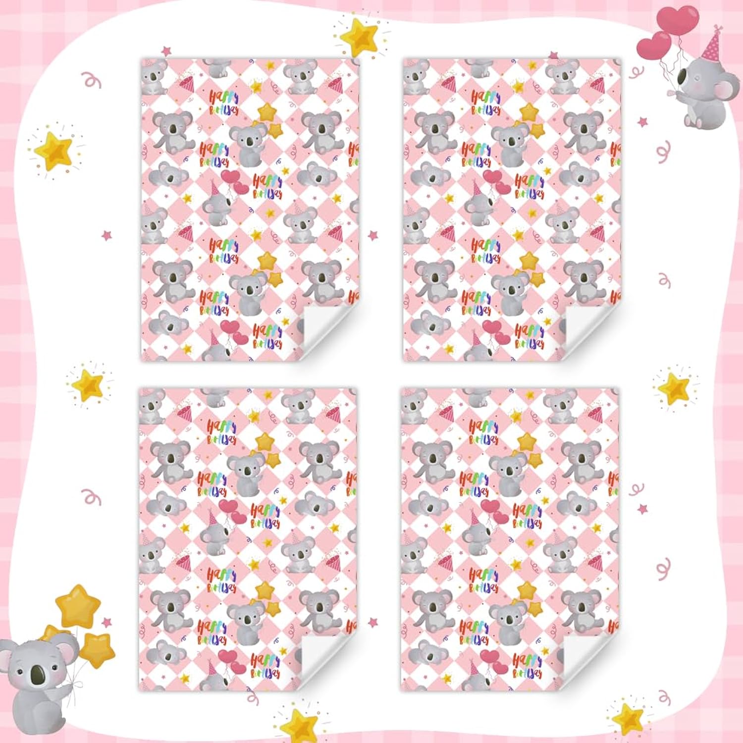 Koala Wrapping Paper For Happy Birthday Party, Lovely Koala With Heart Balloons Star Printed On Pink White Checkered Background Gift Wrap Paper - 4 Sheets Folded Flat - For Birthday, Holiday, Wedding