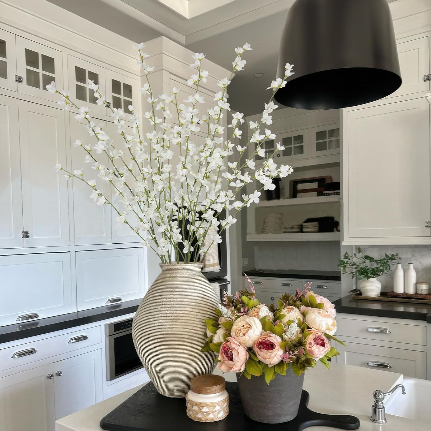 6 Pcs Artificial Forsythia Branches Fake Wildflowers White 41" Silk Flowers With Long Stems Faux Spring Flowers For Tall Vase Indoor Home Decor Dining Table Centerpieces Party Wedding Outdoor