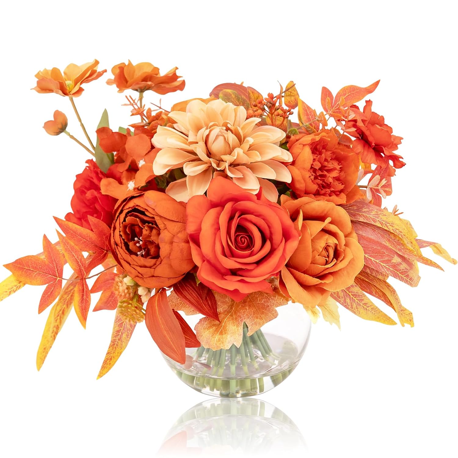 Artificial Flowers In Vase, Silk Rose Peony Dahlia Flower Bouquet Table Centerpieces With Faux Water For Winter Home Decor Fake Flowers Arrangement For Wedding Birthday Party Decor (Orange & Earth)