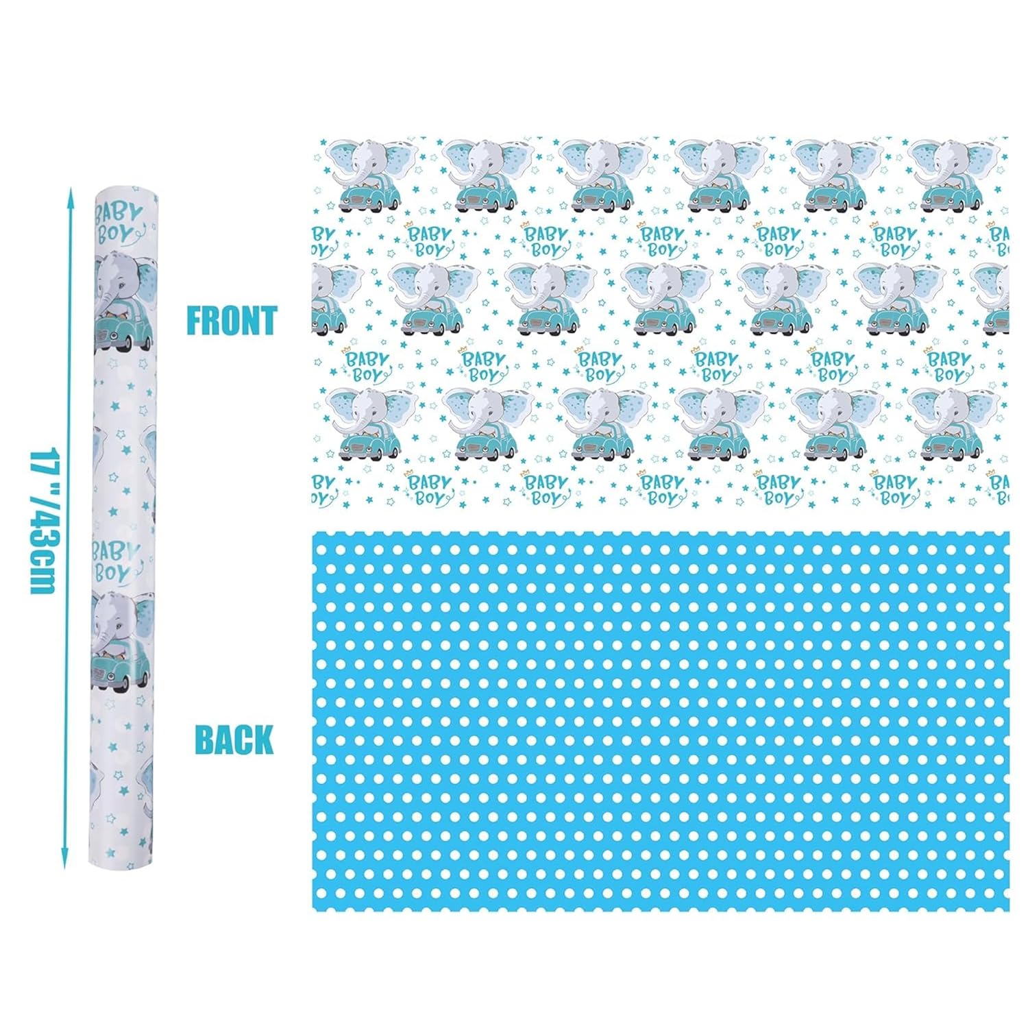 Reversible Baby Boy Wrapping Paper For Kids Boys - 17 Inch X 16.5 Feet - Blue Elephant Truck & Polka Dot - Cute Animals Patterns For Birthday Baby Shower New Baby Party Decoration
