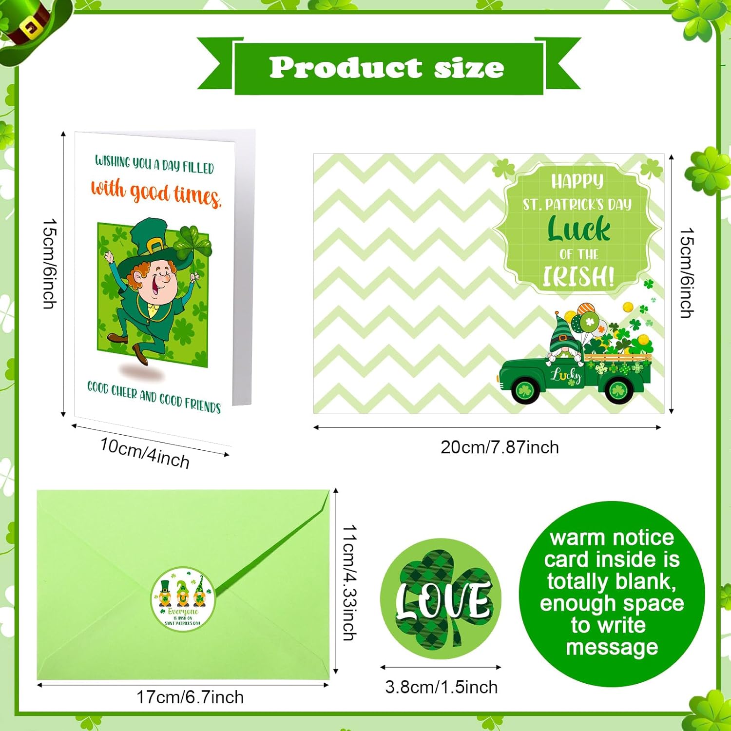 24 Pcs St Patrick'S Day Card With Envelope Clover Gold Coins Stickers Green Shamrock Gold Coin Irish Assorted Greeting Cards For St Patrick'S Day Party Favor, 12 Style