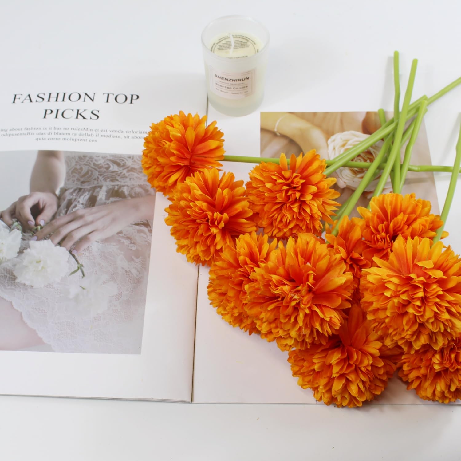 Artificial Silk Faux Chrysanthemum Flower Bouquets, 12 Pcs Orange Fall Flowers, For Autumn Home Decor, Diwali Decorations, Table Centerpieces, Fall Floral Arrangements (12, Orange)