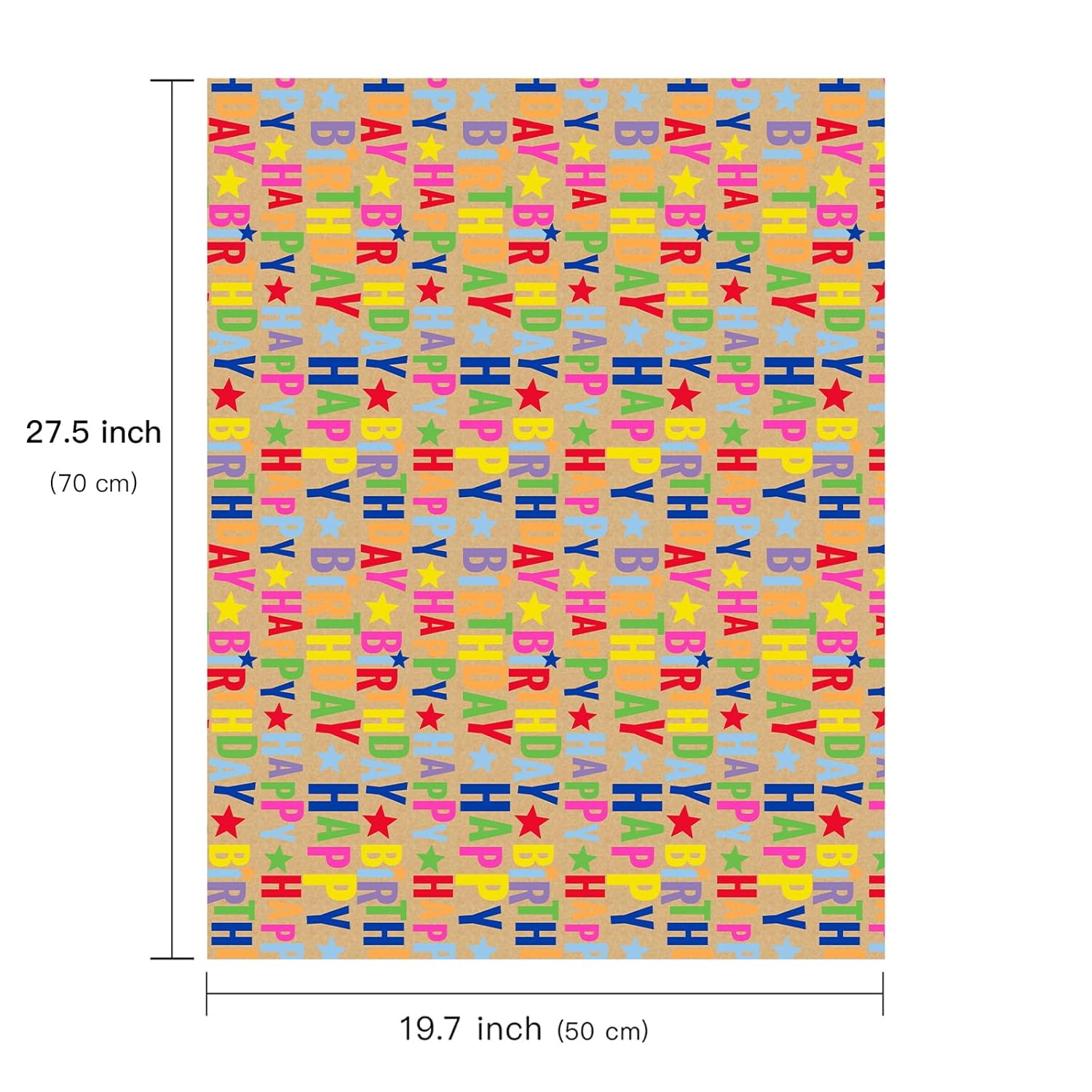 Kraft Birthday Wrapping Paper Sheet - 6 Sheets Colorful Happy Birthday Wrapping Paper Folded Flat For Kids, Baby Shower, Party, Holiday - 19.7 Inch X 27.5 Inch Per Sheet