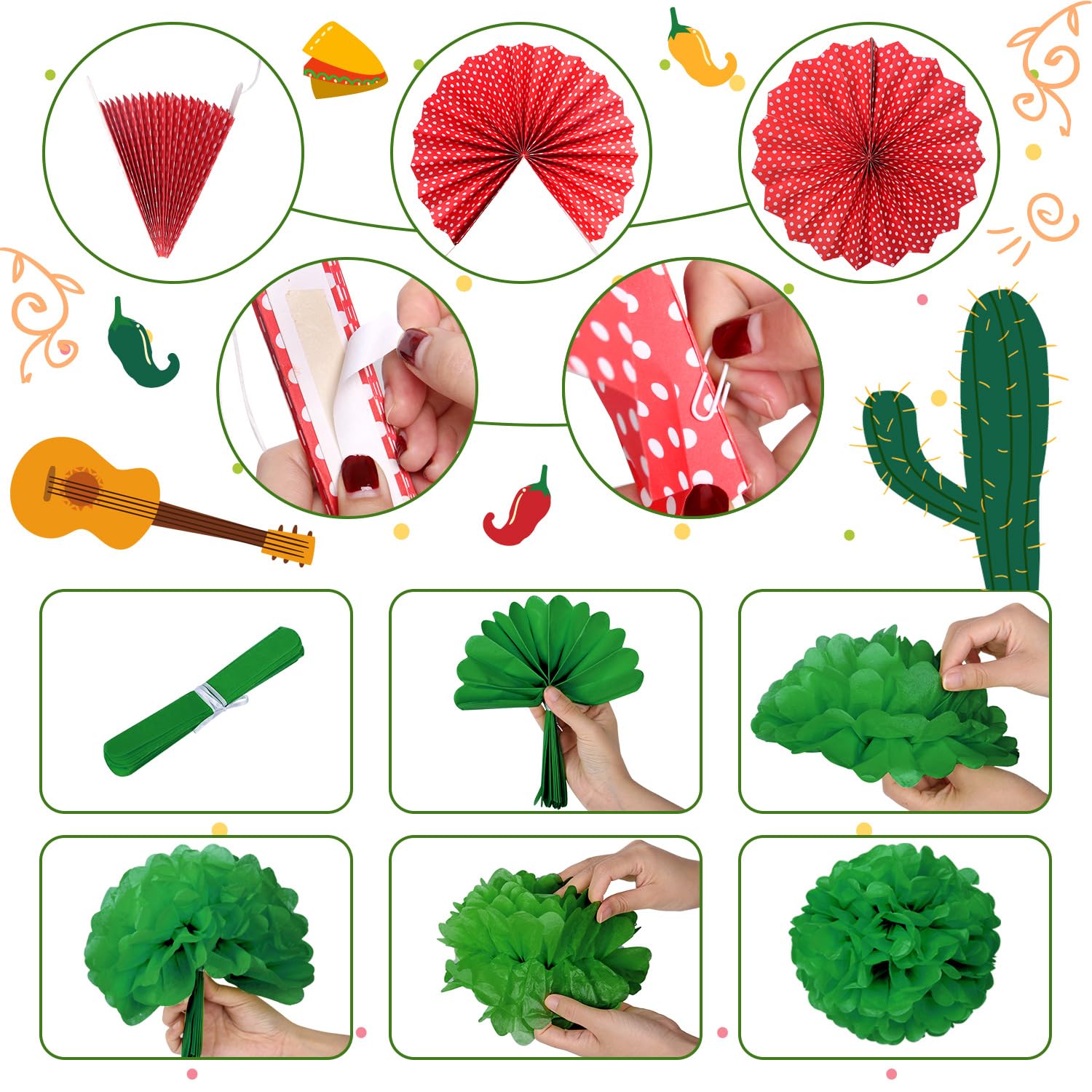 Red-Green White Party-Decorations - 30Pcs Mexico Italy Tissue Pom Poms Honeycomb Ball, Tassel Garland Banner, Mexican Italian Christmas Birthday Wedding Graduation Wedding Baby Shower Decor Bunting