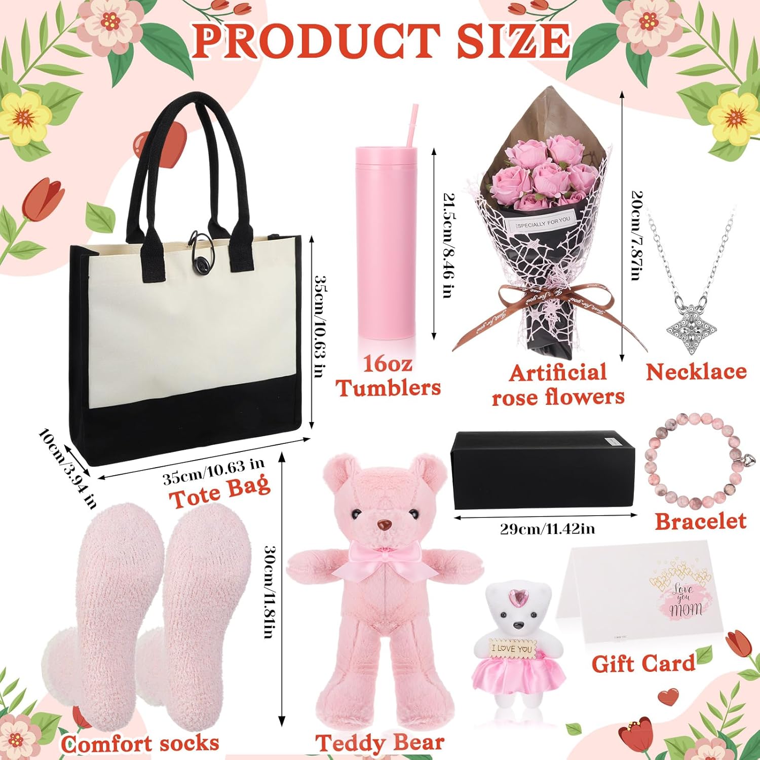 9 Pcs Valentine'S Day Gifts For Mom, Anniversary Birthday Gifts For Mother, Gift For Women Set Includes Tumbler Artificial Flower Bouquet Keychain Necklace Bracelet Tote Bag Sock Card(Pink)