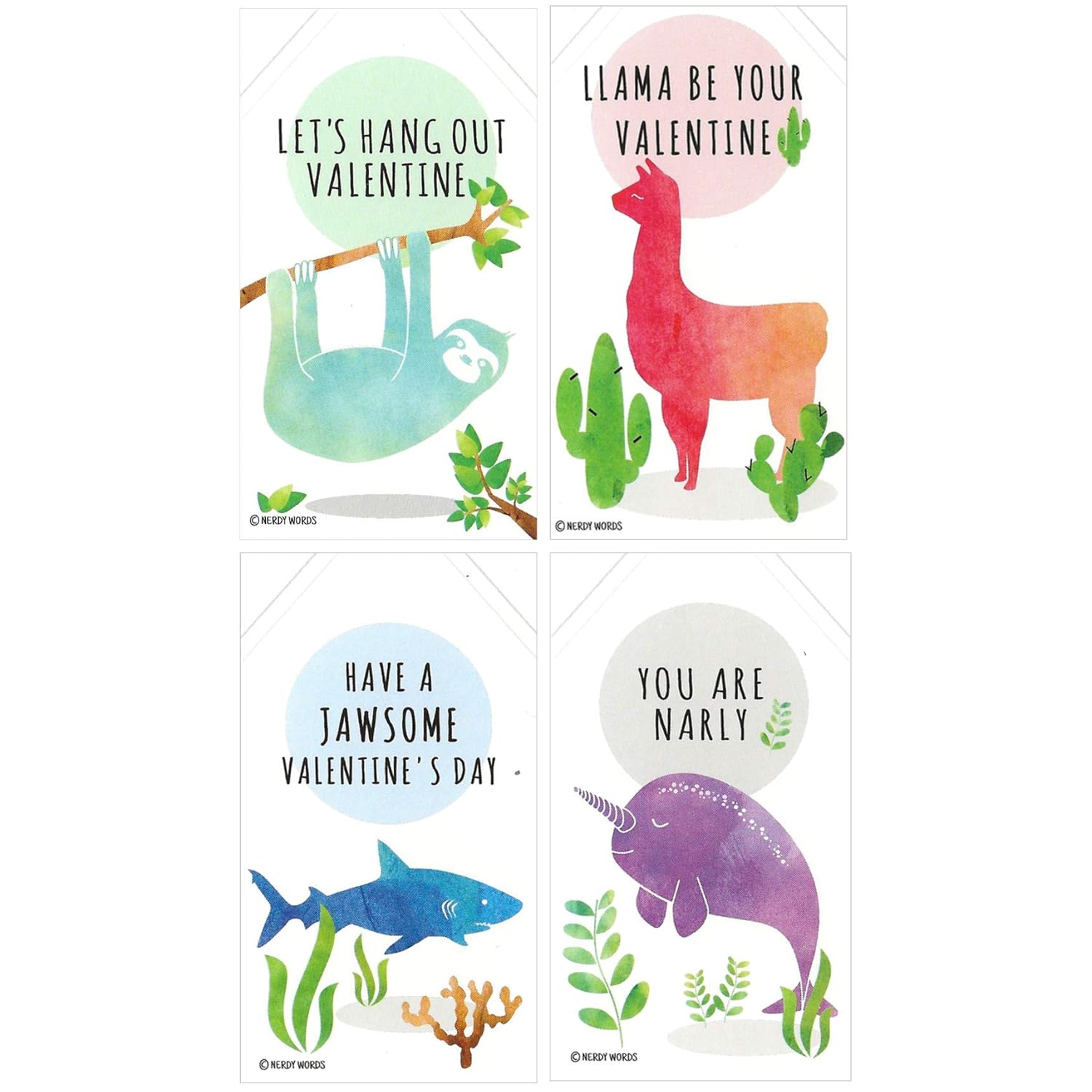 Mini Llama Sloth Narwhal Shark Valentines (Wallet-Sized Cards With Tiny Envelopes) For Valentine'S Day (Set Of 32)