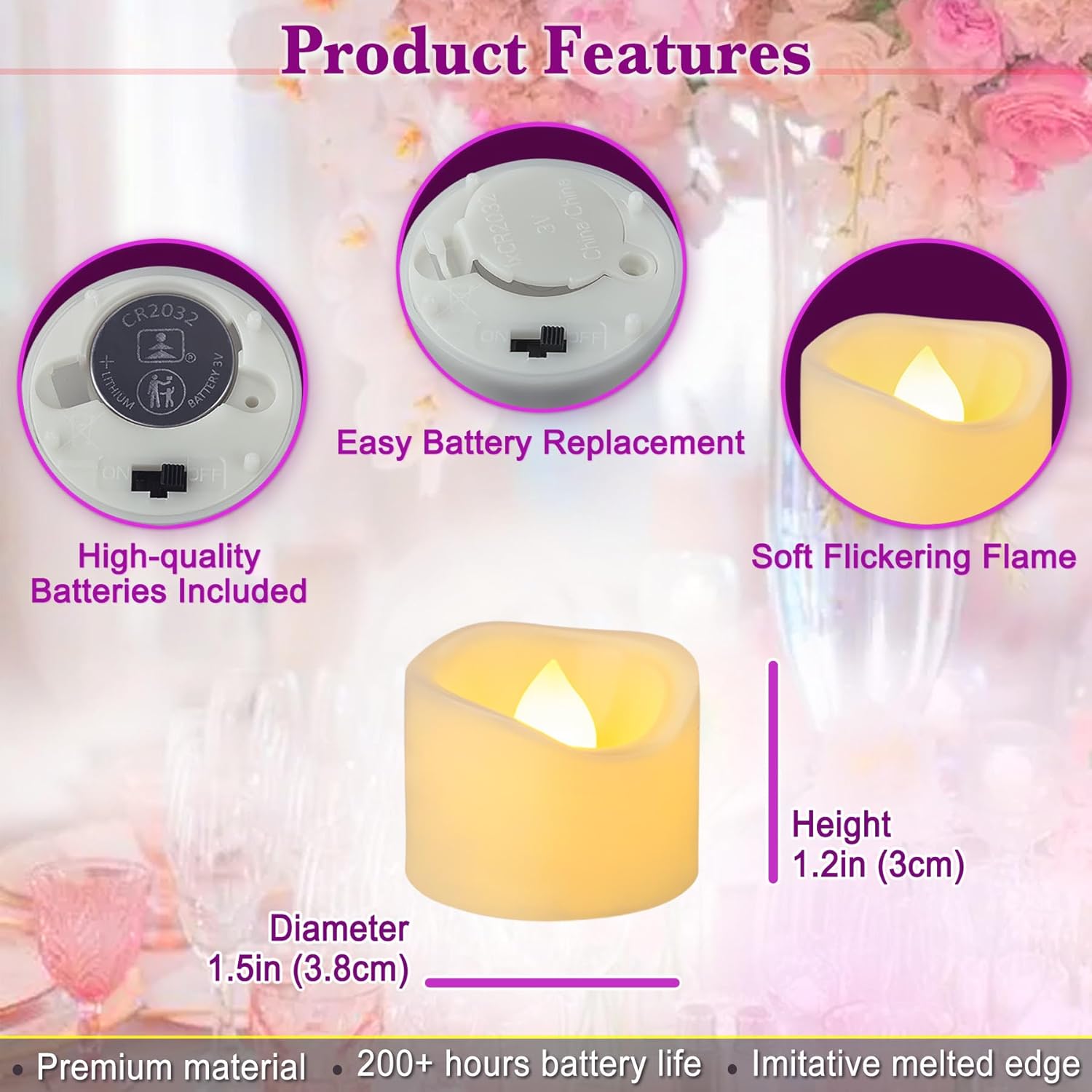 24 Pack 1.5" X 1.2" Battery Operated Led Tea Light Candles, Small Outdoor Flameless Flickering Votive Candles, Electric Flicker Fake Tealights Bulk For Wedding Halloween Christmas Decorations
