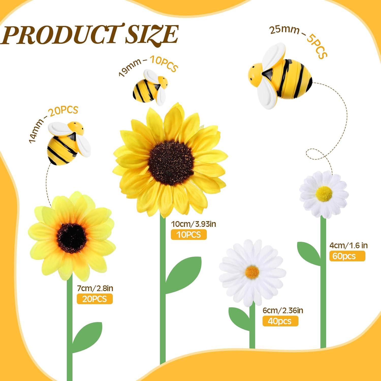 165Pcs Artificial Sunflower Heads Tiny Bees Craft Decoration 2.8"And 3.9" Sunflower Fabric, 1.6" And 2.4" Mini Fabric Daisy Flower Heads Bulk For Summer Art Diy Craft Home Beehive Party Wedding