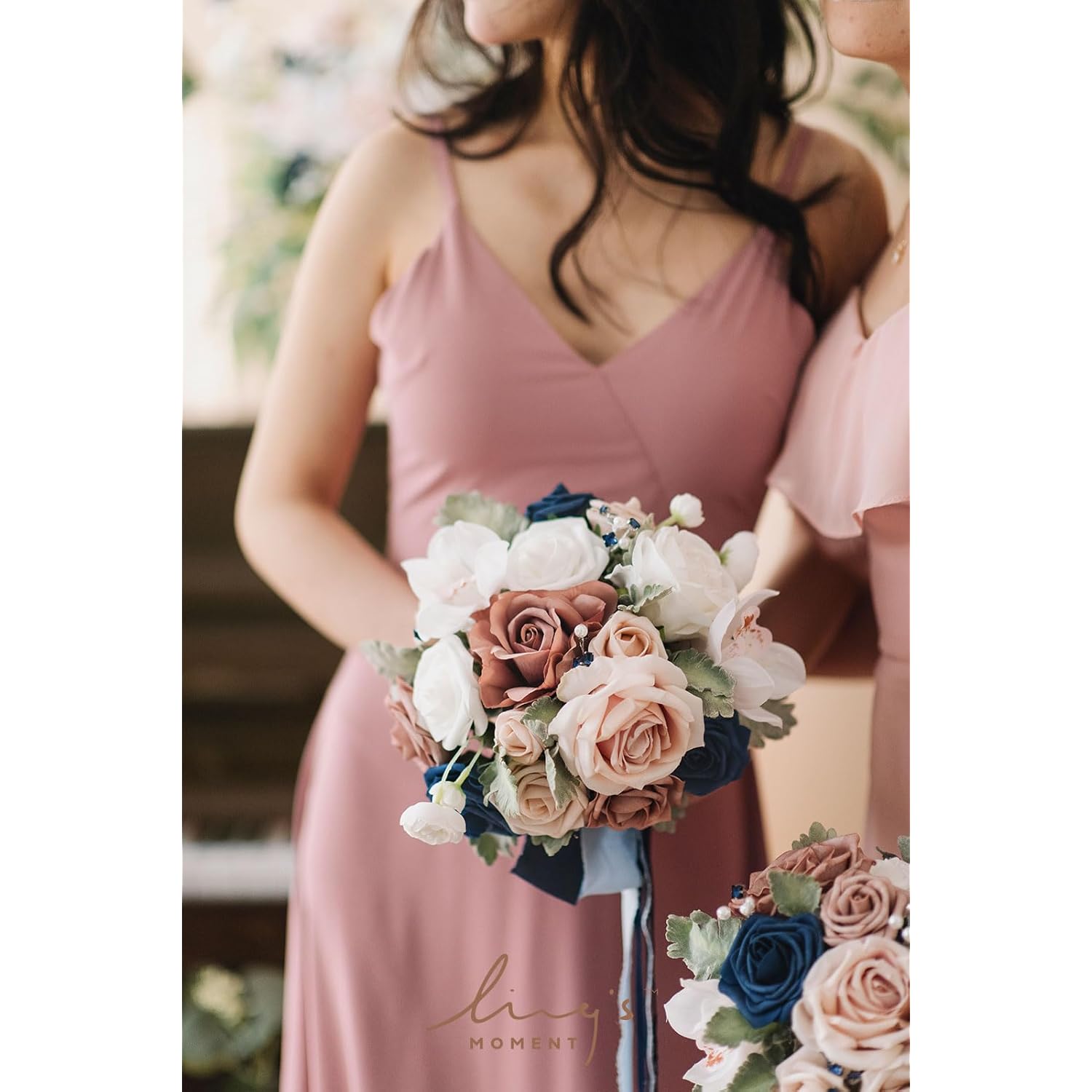 Dusty Rose & Blue Artificial Wedding Flower Bouquets For Bridesmaids Navy Blue Floral Bouquet Blue Bridesmaid Bouquets With Ribbon Ceremony Anniversary,7-Inch Diameter
