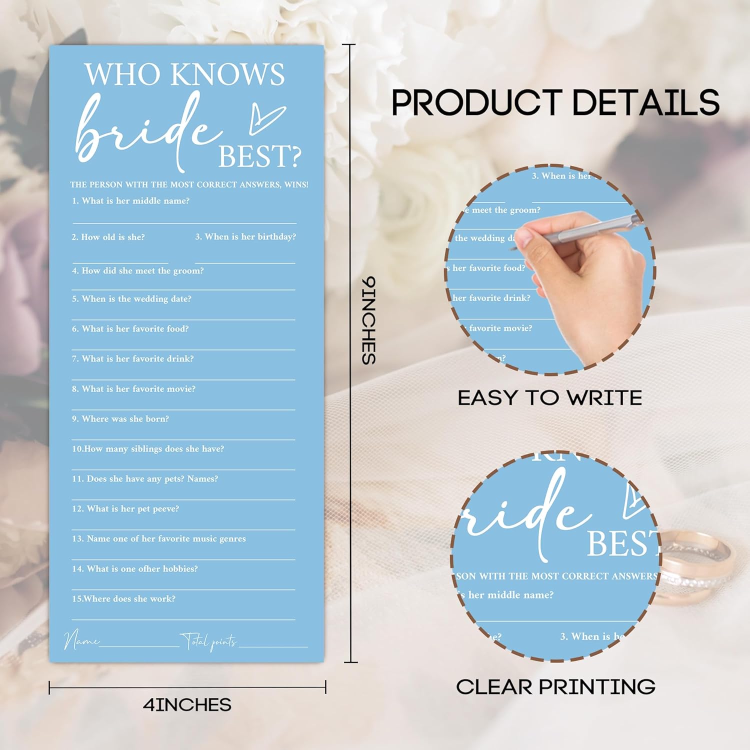 Minimalist Blue Wedding Shower Games Cards, Who Knows Bride Best, Bridal Shower Games, Engagement Party Wedding Card For 25 Guests, Bridal Party Supplies 4X9Inch-A16