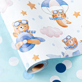 Baby Boy Wrapping Paper Roll - Adorable Blue Pilot Bear Design, Reversible Gift Wrap For Boy Birthday, Boys Baby Shower, Gender Reveal - Stars, Dots, Airplane And Parachute - 17 Inch X 33 Feet