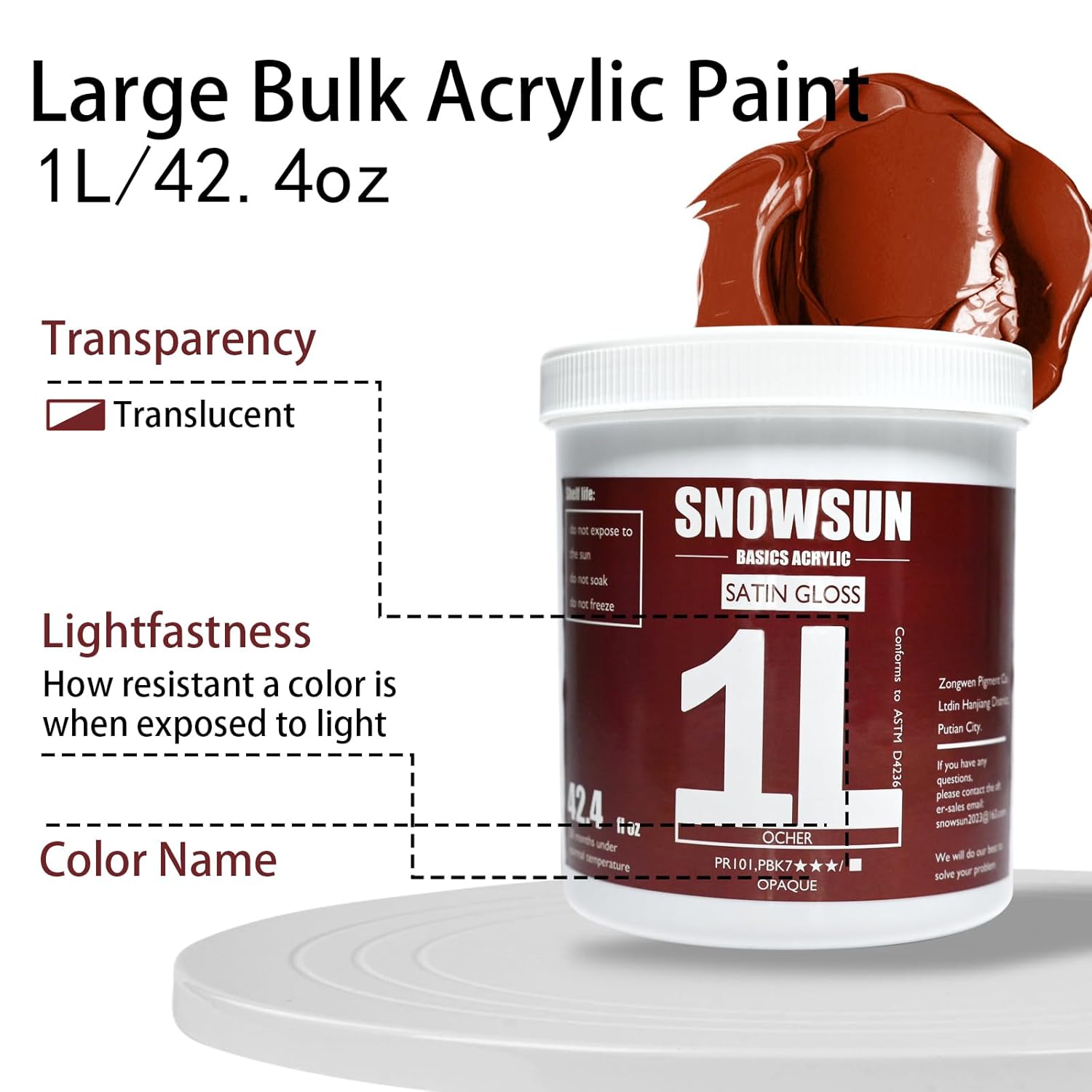 Ochre Acrylic Paints, Large Bulk Heavy Body Acrylic Paint (42.4 Oz, 1L) - Non Toxic Gloss Thick Art Paint For Multi-Surface, Canvas Wood Ceramic And Leather, Stone Craft, For Artists & Beginners