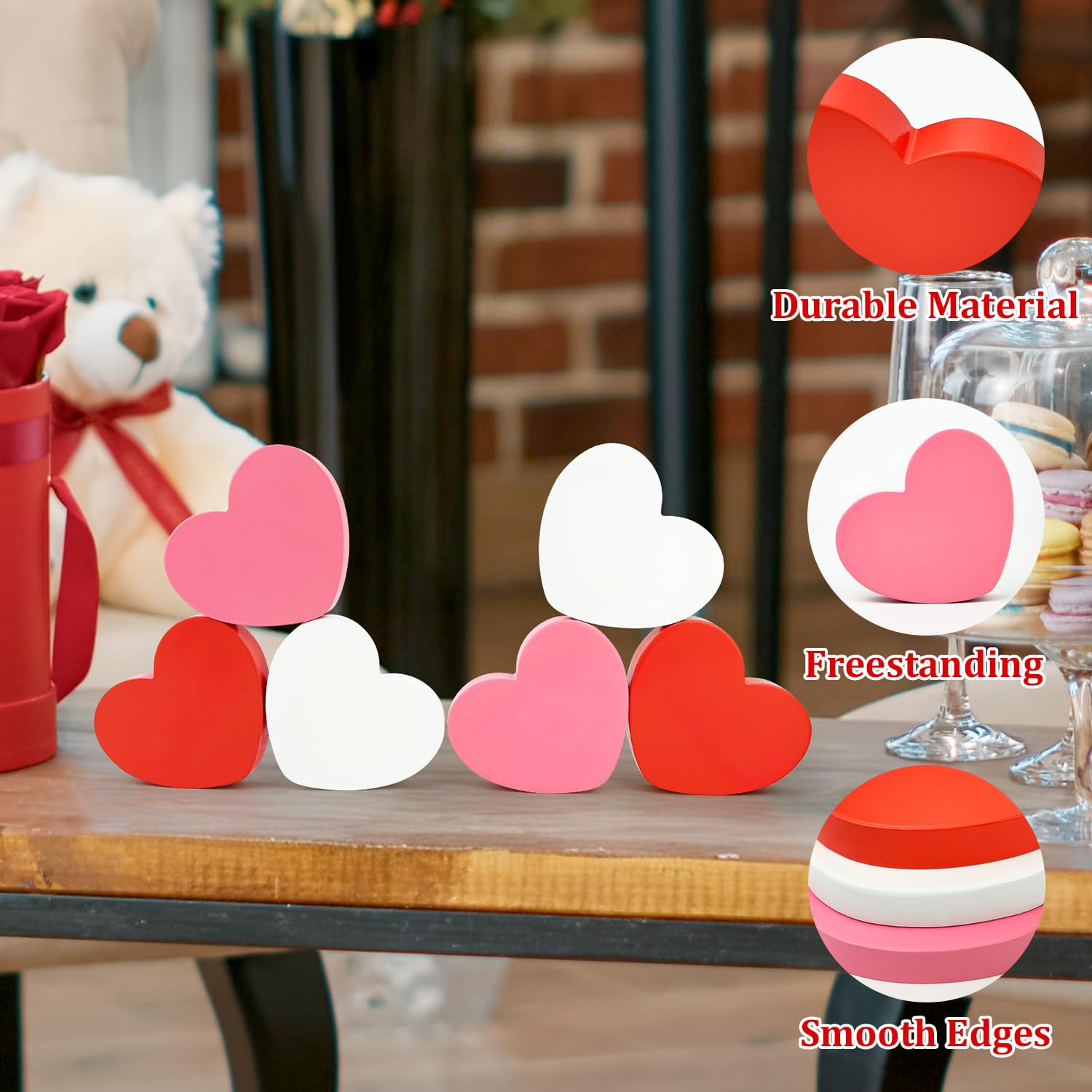 Valentines Day Hearts Decorations For The Home Table 6 Pcs, Red Pink White Wooden Heart Shaped Signs For Tiered Tray Office Shelf Mantel, Valentines Gifts For Boyfriend Girlfriend Wedding Anniversary