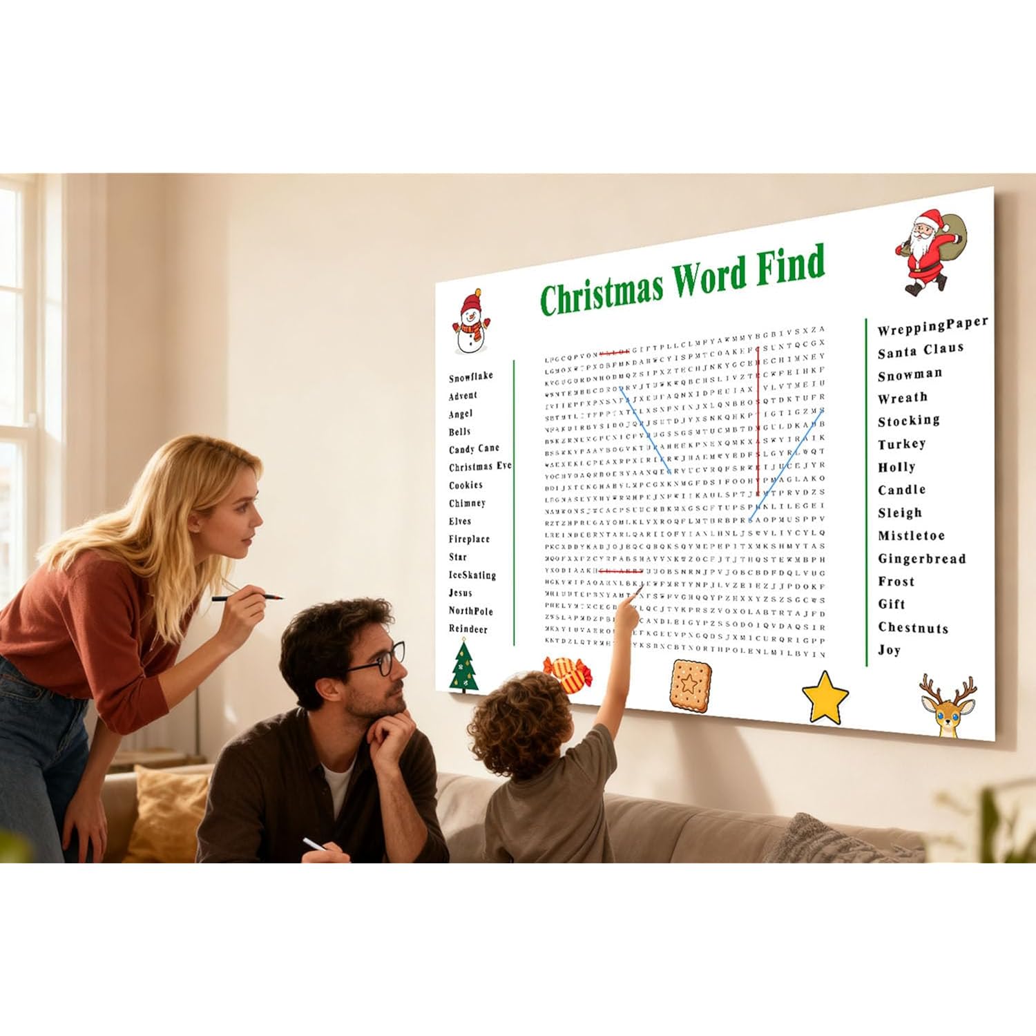 Giant Christmas Word Search Poster - 35.4"X23.6" Wall Game With 30 Words For Family & Office Parties