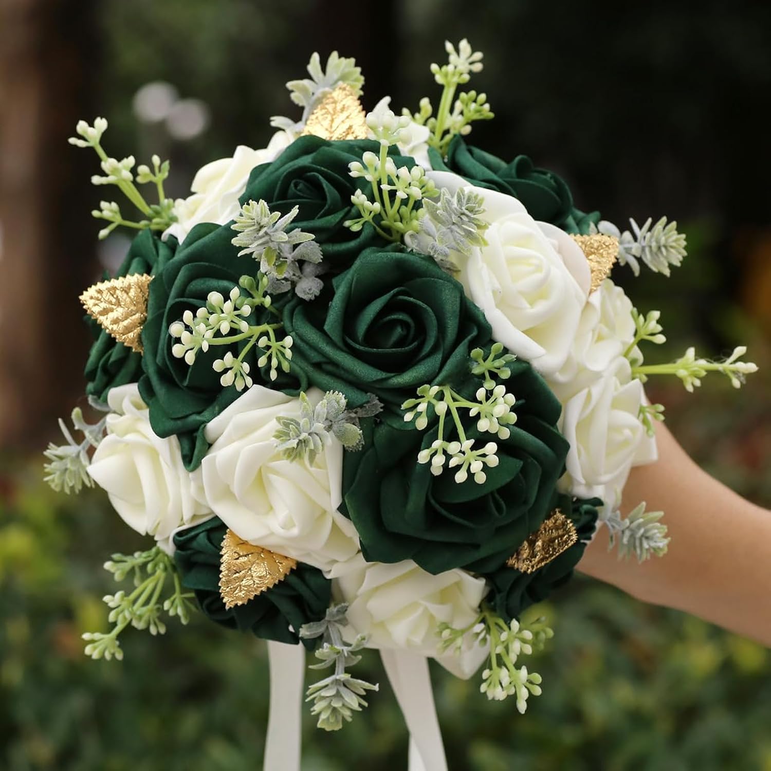 Round Green Artificial Pe Rose Bouquet With Pearls For Bridal Toss And Bridesmaids Suit For Wedding Party