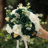 Round Green Artificial Pe Rose Bouquet With Pearls For Bridal Toss And Bridesmaids Suit For Wedding Party