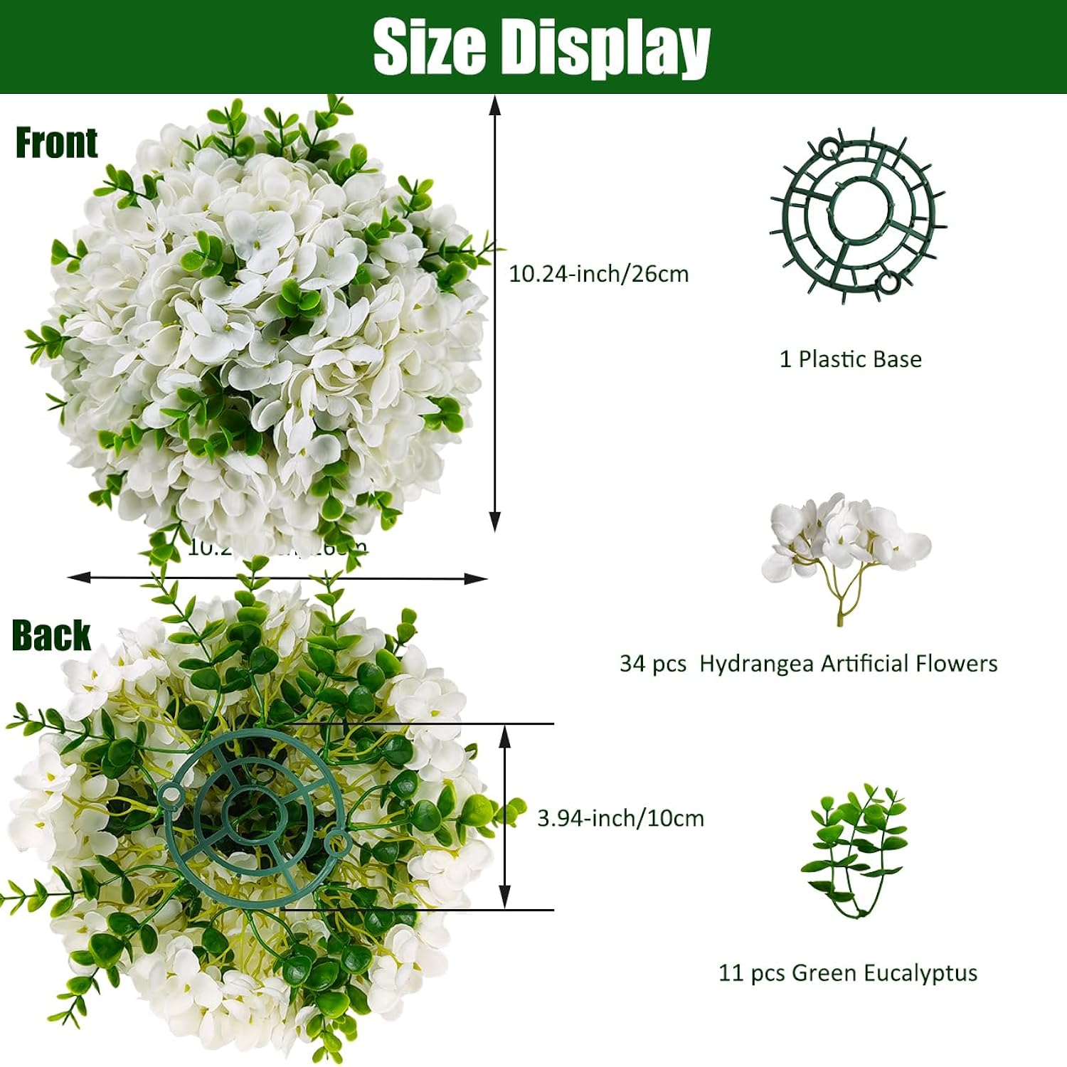 2 Pack Artificial Hydrangea Flowers Ball - 64 Blooms Total, 10.24" Wide, With 22 Eucalyptus Leaves, Faux Silk Hydrangeas For Wedding Centerpieces Flower Arrangement, Home, Seasonal Decor,Diy White