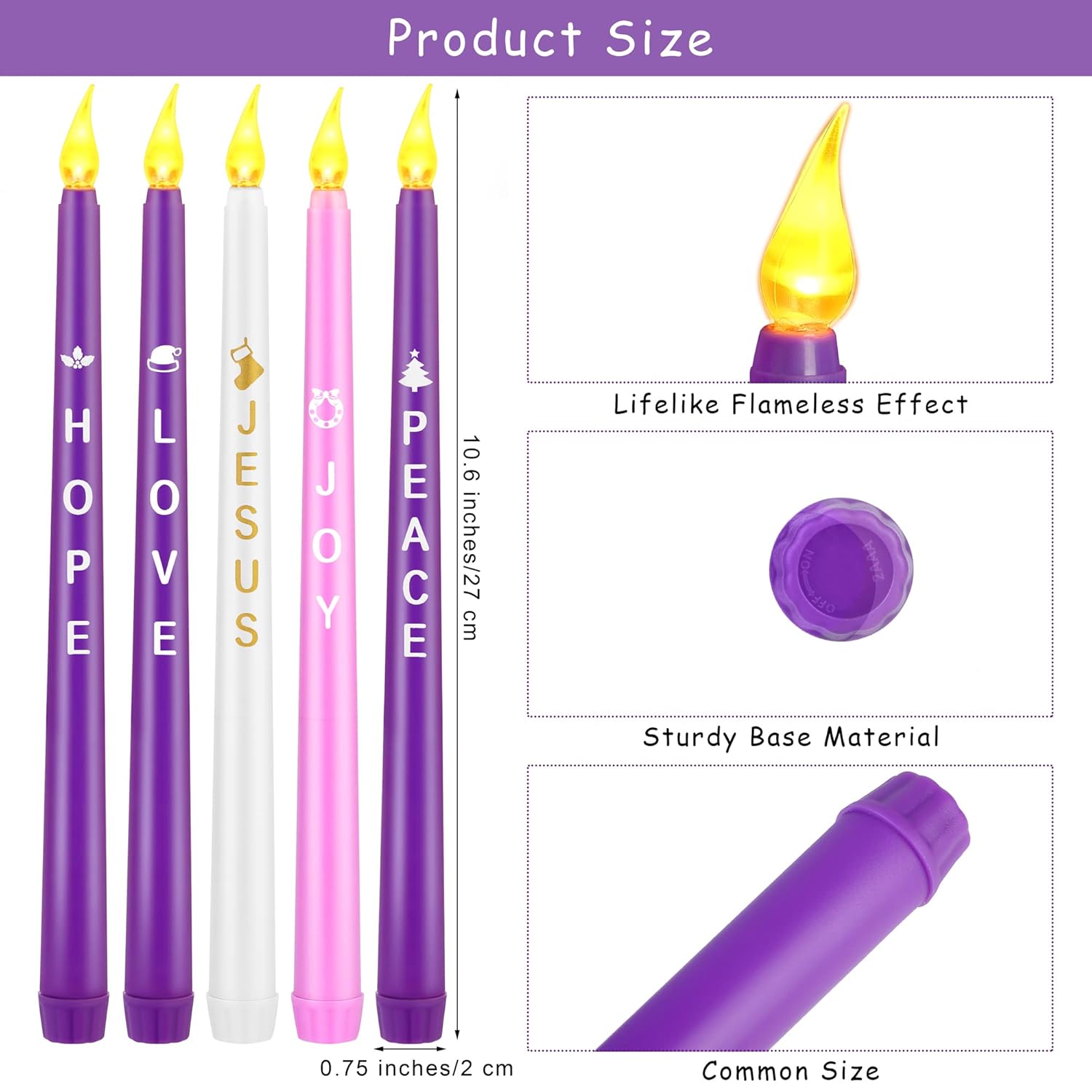 5 Pack Led Advent Candles With Words Hope Peace Love Joy Jesus - Flameless Taper Candles For Christmas Wreath Celebration Decor, Pink, Purple, White