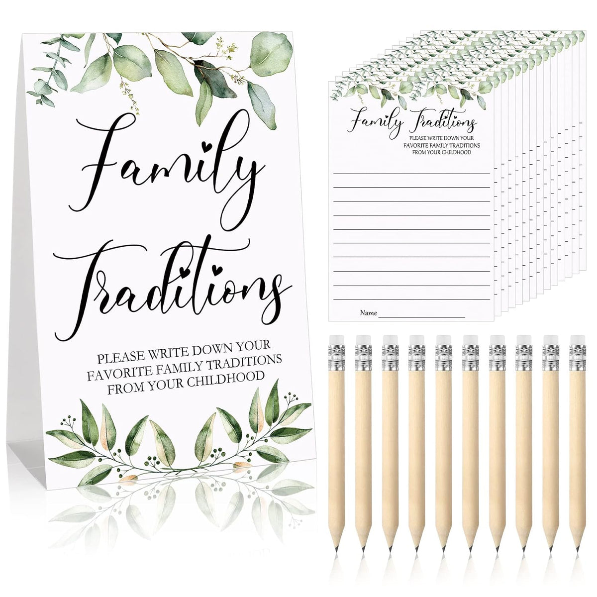 61 Pieces Baby Shower Games Include 1 Family Traditions Standing Sign And 50 Family Traditions Activities Cards With 10 Pencils(Greenery)
