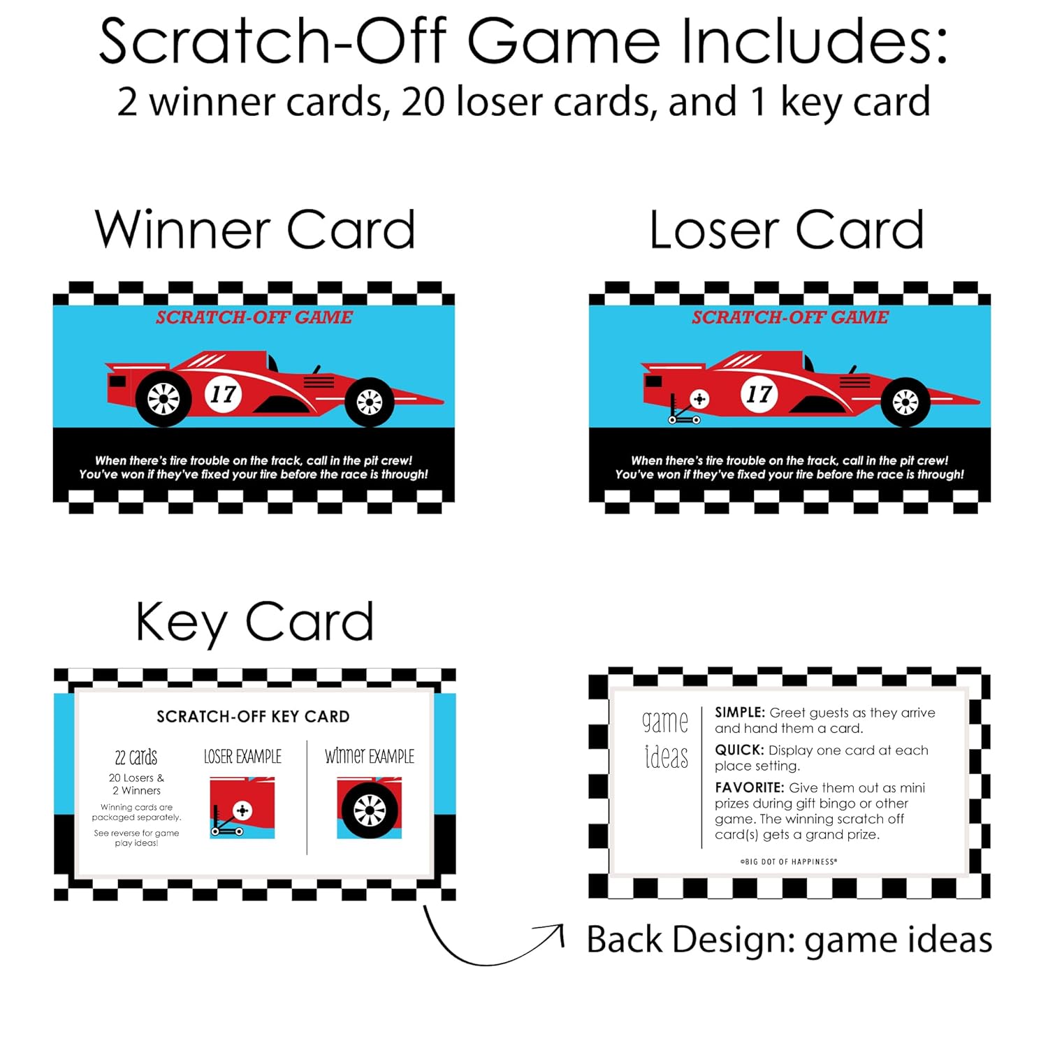 Big Dot of Happiness Let's Go Racing - Racecar - Baby Shower or Race Car Birthday Party Game Scratch Off Cards - 22 Count