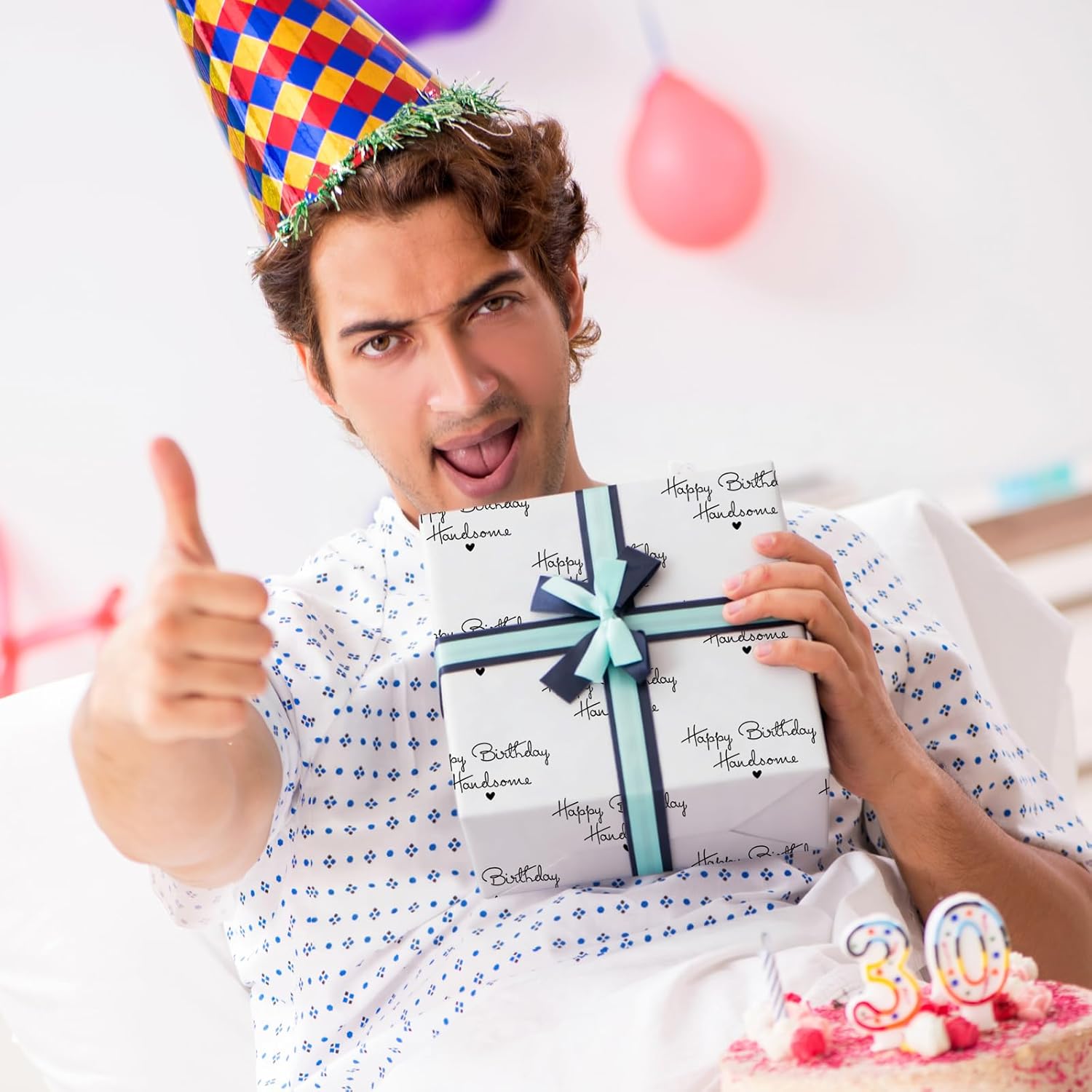 Birthday Wrapping Paper For Men - Happy Birthday Handsome Design For Special Friend, Husband, Boyfriend - 17 Inches X 16.5 Feet, Cut Lines On Back