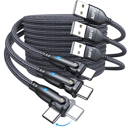 3 Pack USB A to USB C Fast Charging Cable 6.6FT 180 Degree Rotating Cord