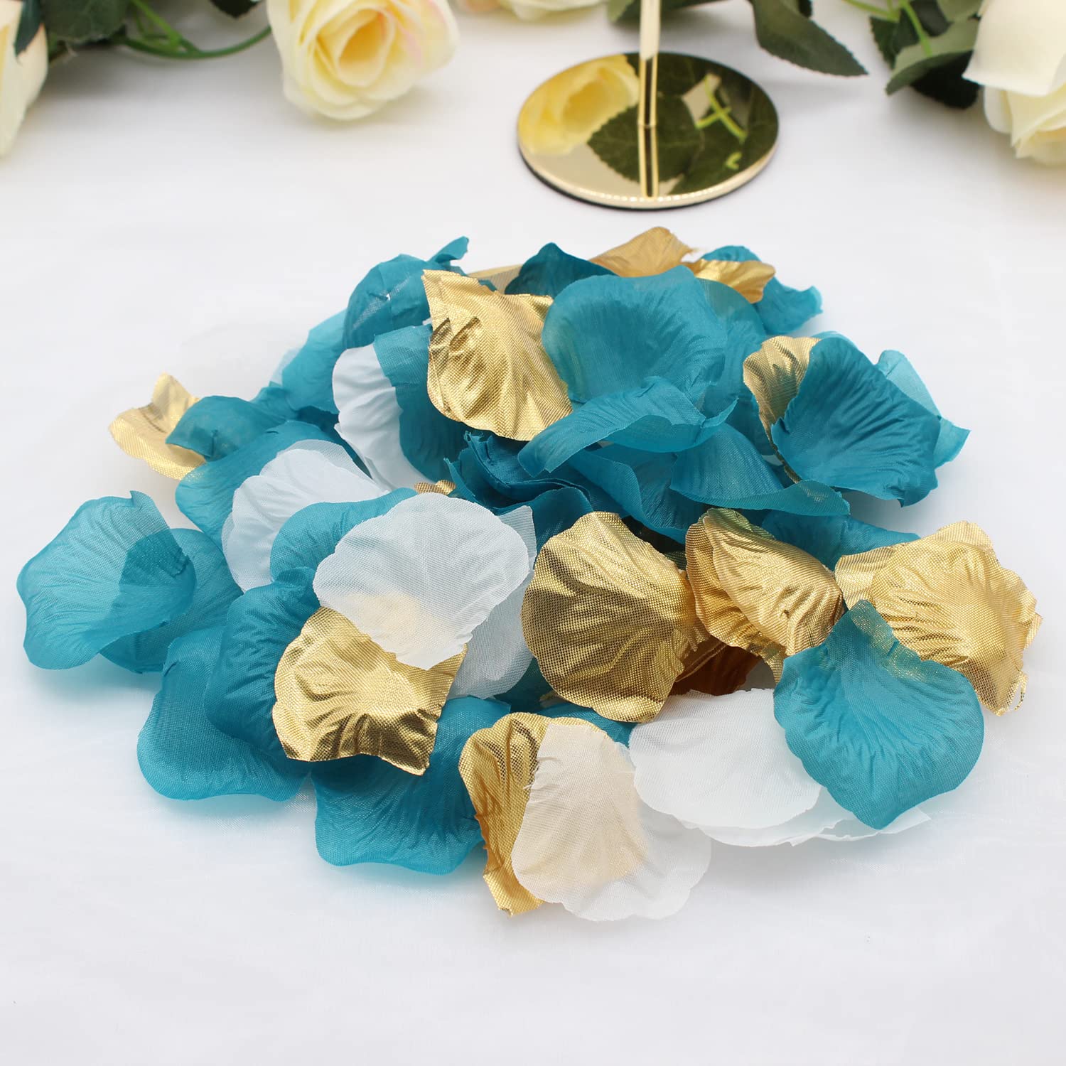 900Pcs Teal Gold White Silk Rose Petals Turquoise Aqua Artificial Flower Petals For Wedding Party Table Confetti Aisle Runner Flower Girl Bridal Shower Hotel Home Vase Decoration