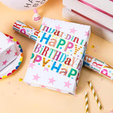 Birthday Wrapping Paper Roll - Colorful Happy Birthday Letters With Metallic Foil Shine & Pink Stars Reversible Gift Wrap For Baby Shower, Party, Holiday - Mini Roll - 17 Inch X 16.5 Feet