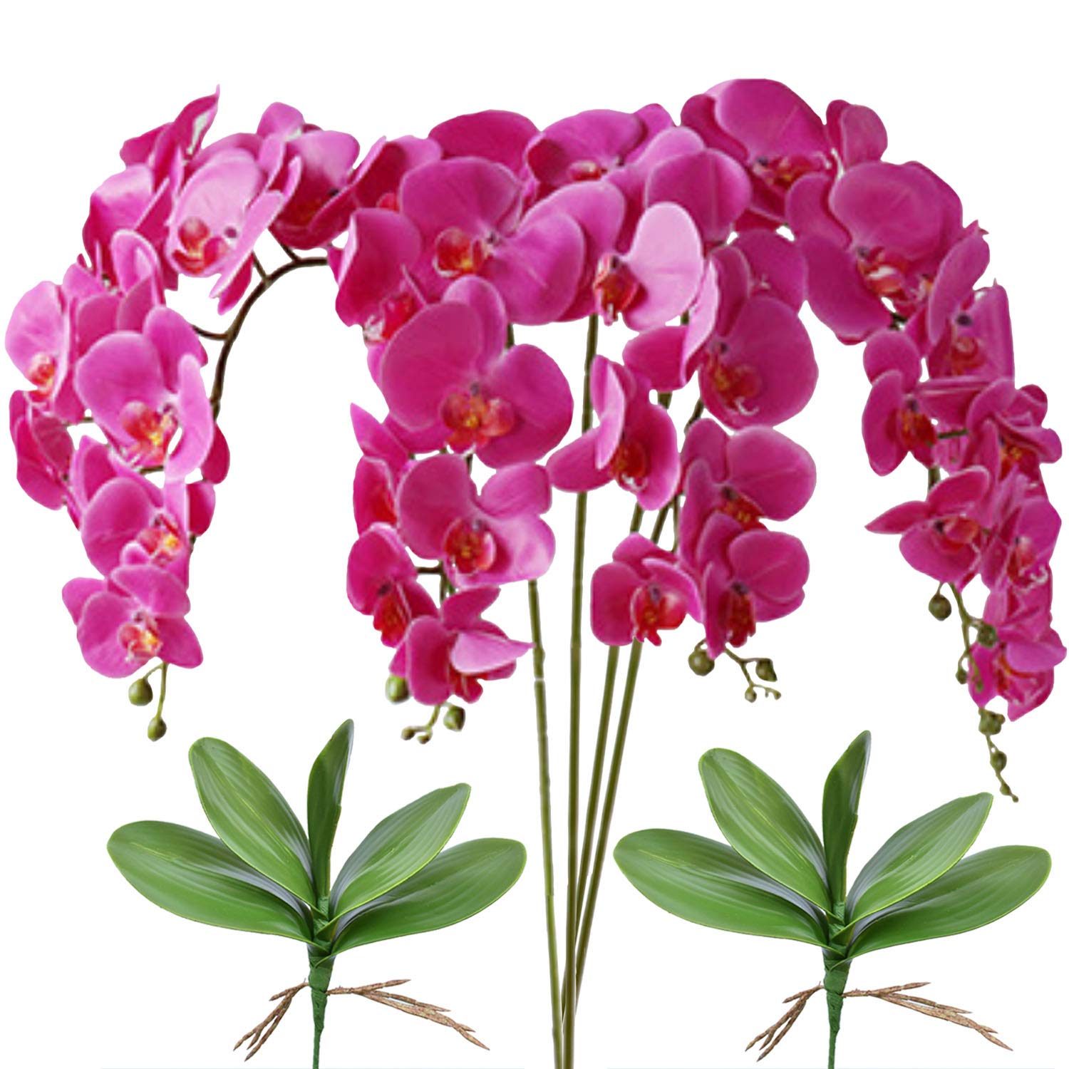 32" Artificial Phalaenopsis Flowers 4 Pcs With 2 Bundles Leaves Artificial Orchid Flowers Stem Plants For Home Décor (Purple)