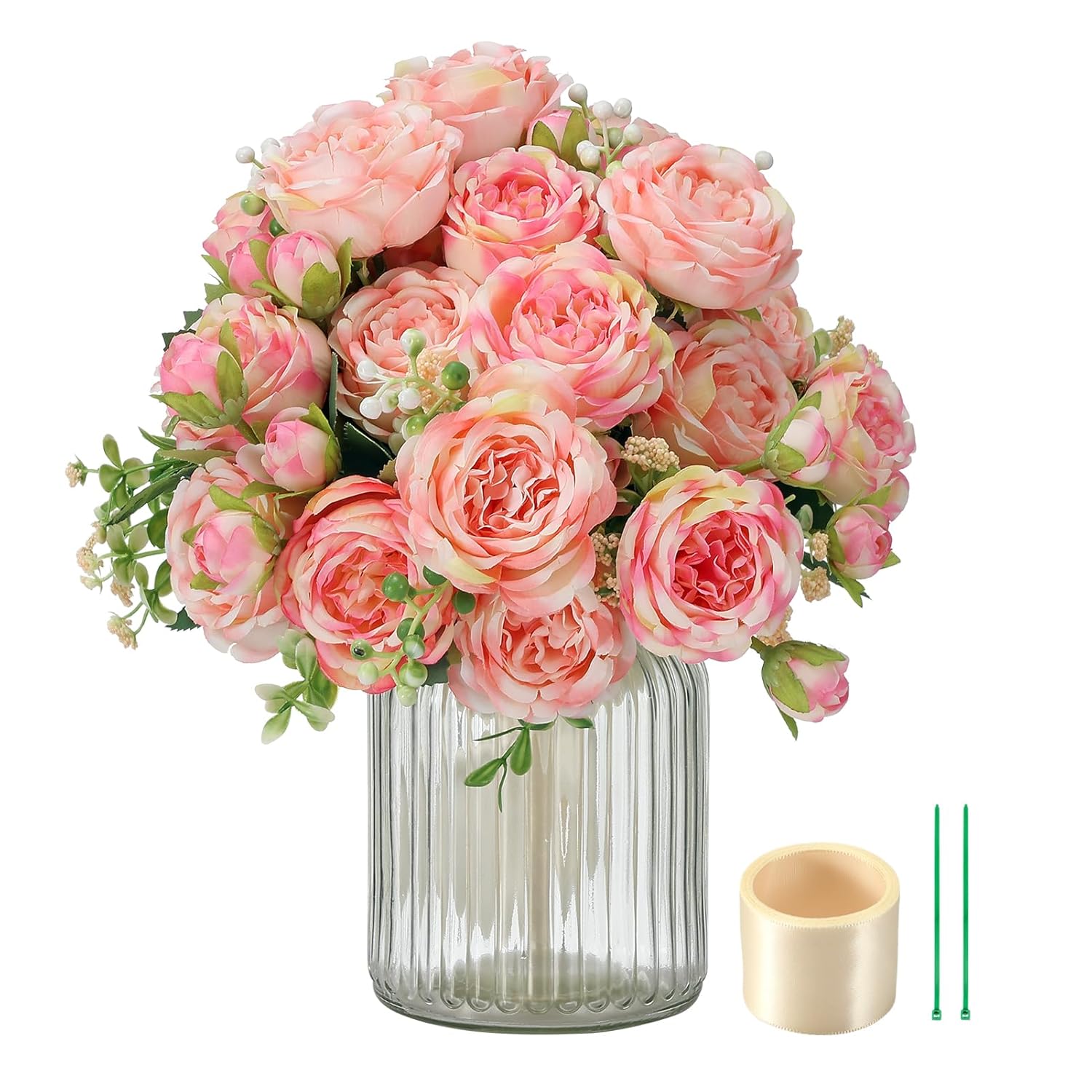 4 Packs Artificial Peony Flowers, 20 Heads & 16 Buds, Realistic Fake Silk Flowers For Home Decor, Wedding Bouquets Diy Crafts Includes 2 Ties & 1.8M Ribbon (Pink)