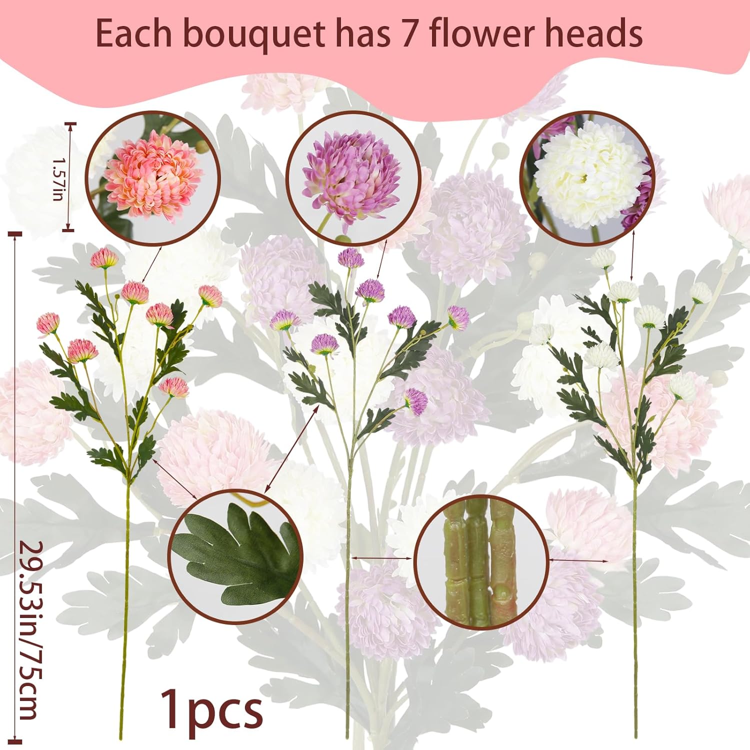 3 Pcs Fake Mums Artificial Flowers For Decoration Faux Kiku Flowers Floral Stems Pom Pom Fake Mums Balls Small Silk Chrysanthemum For Vase Indoor Home Decor Arrangement Table Centerpiece