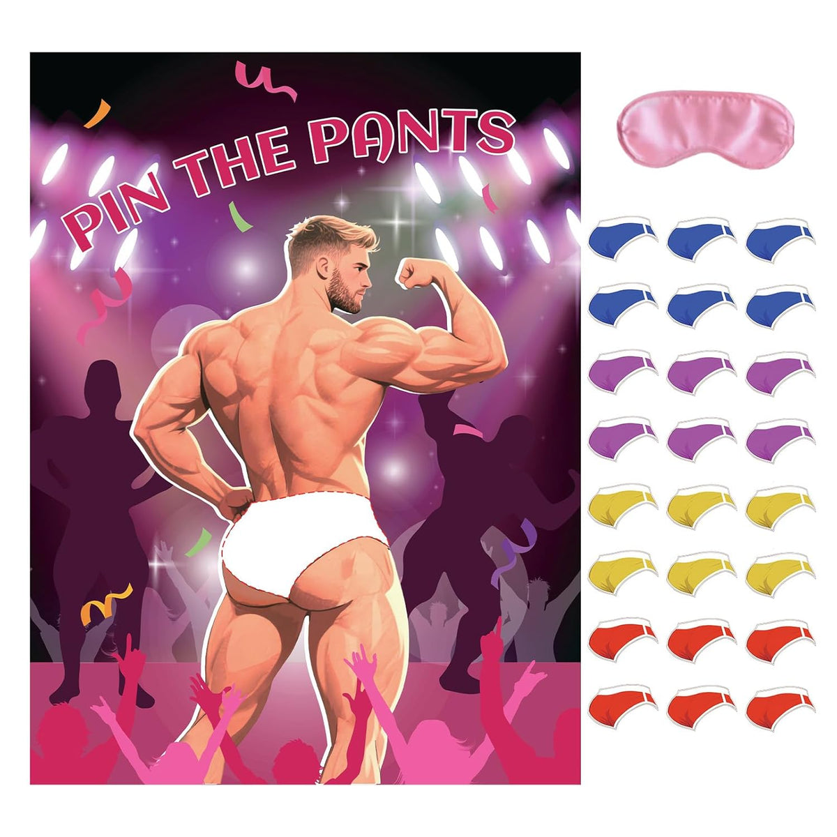 Bachelorette Party Games For Adults Women - Pin The Pants On The Hunk Bachelorette Game, Bridal Shower Games With 24 Stickers & 1 Blindfold For Girls Night Wedding Engagement Party