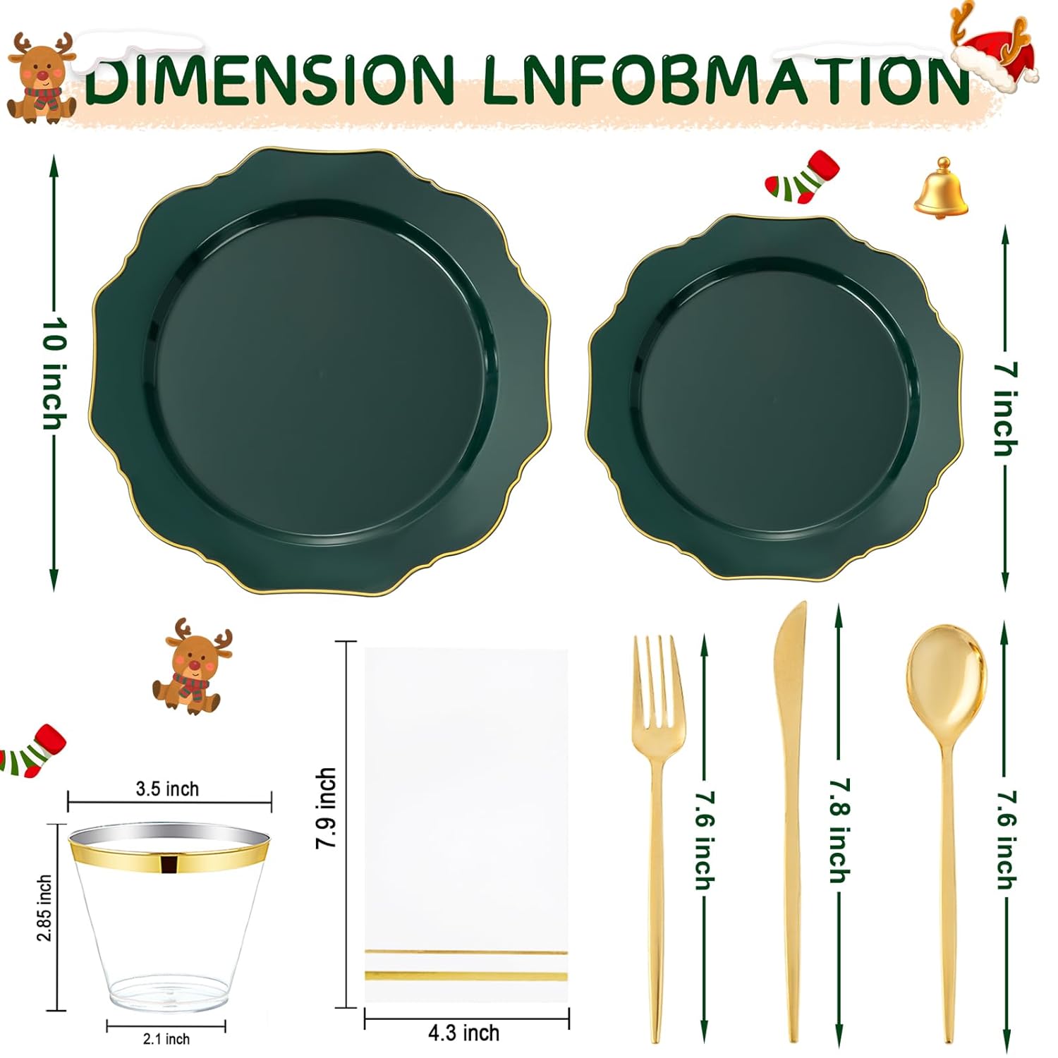 175Pcs Green Plastic Plates - Green Plates Disposable With Gold Rim - Christmas Plastic Plate - Fancy Disposable Dinnerware Sets 25 Guests Ideal For Christmas/Party/Wedding