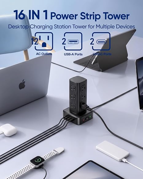 Power Strip Tower 12 Outlets 4 USB Ports 2 USB C 6FT Extension Cord Flat Plug Charging Station Black