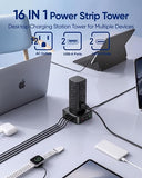 Power Strip Tower 12 Outlets 4 USB Ports 2 USB C 6FT Extension Cord Flat Plug Charging Station Black