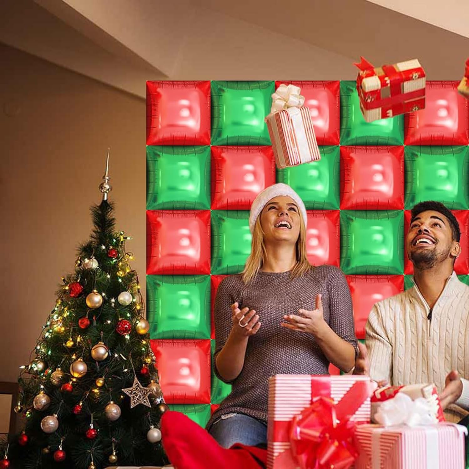 Metallic Red And Green Square Foil Balloons Wall - 19 Inches Square Balloons Tunnel Arch Garland Kit For Christmas Party Decorations, Birthday Balloon Party Decorations