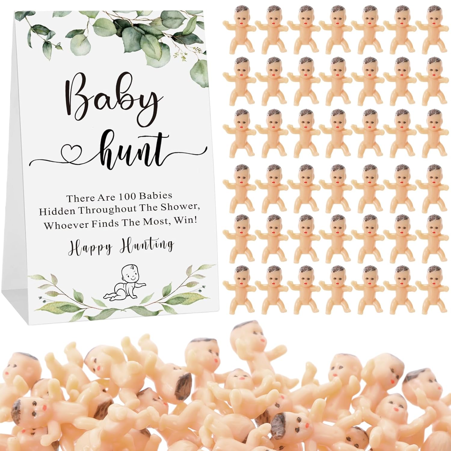 101 Pcs Baby Shower Game Set Include 1 Paperboard Hunt Sign 100 Mini Plastic Babies Tabletop Sign Tiny Babies Funny Baby Shower Prizes For Gender Reveal Party Favors