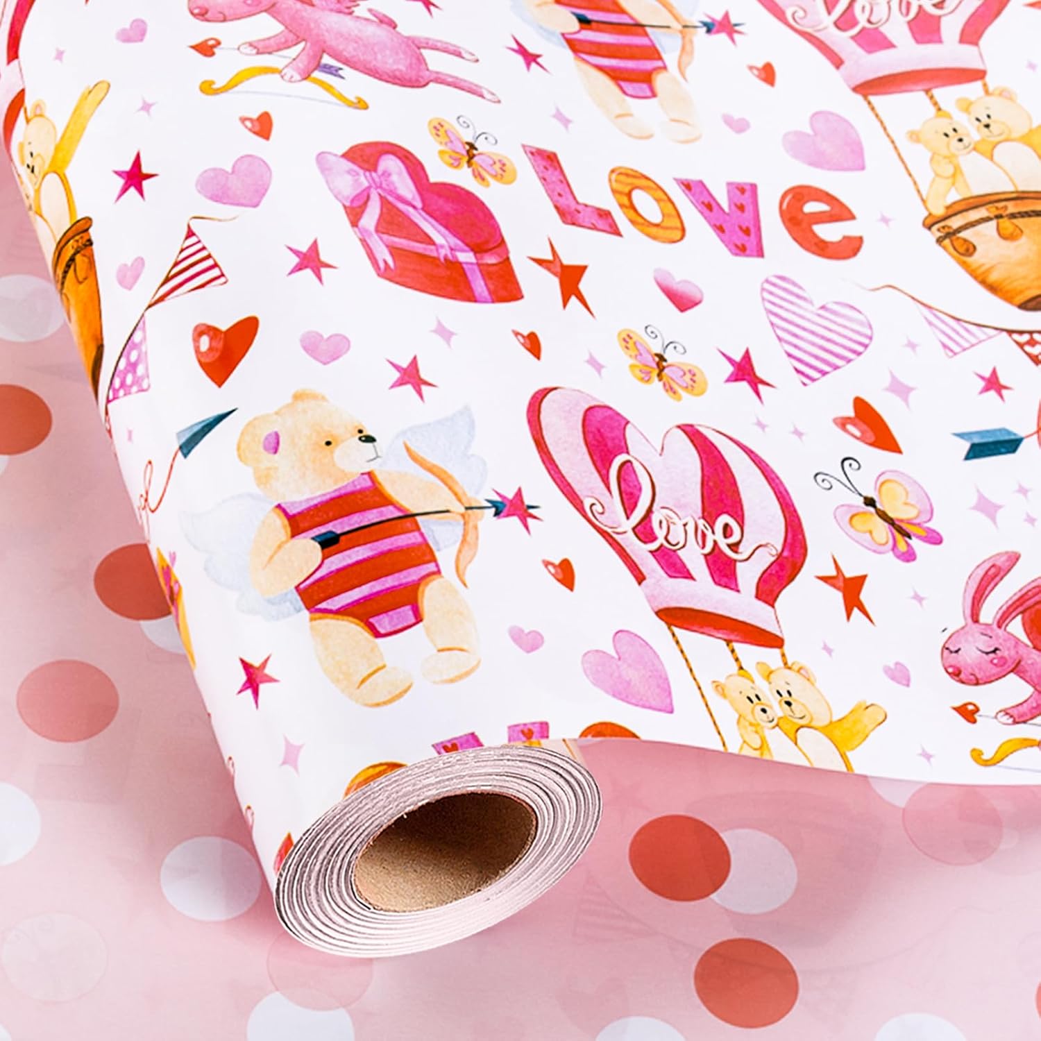 Pink Valentine'S Day Wrapping Paper - Mini Roll - 17 Inch X 33 Feet - Cupid Bear, Rabbit, Hot Air Balloon With Love & Polka Dot Reversible Gift Wrap For Wedding, Anniversary, Birthday, Party
