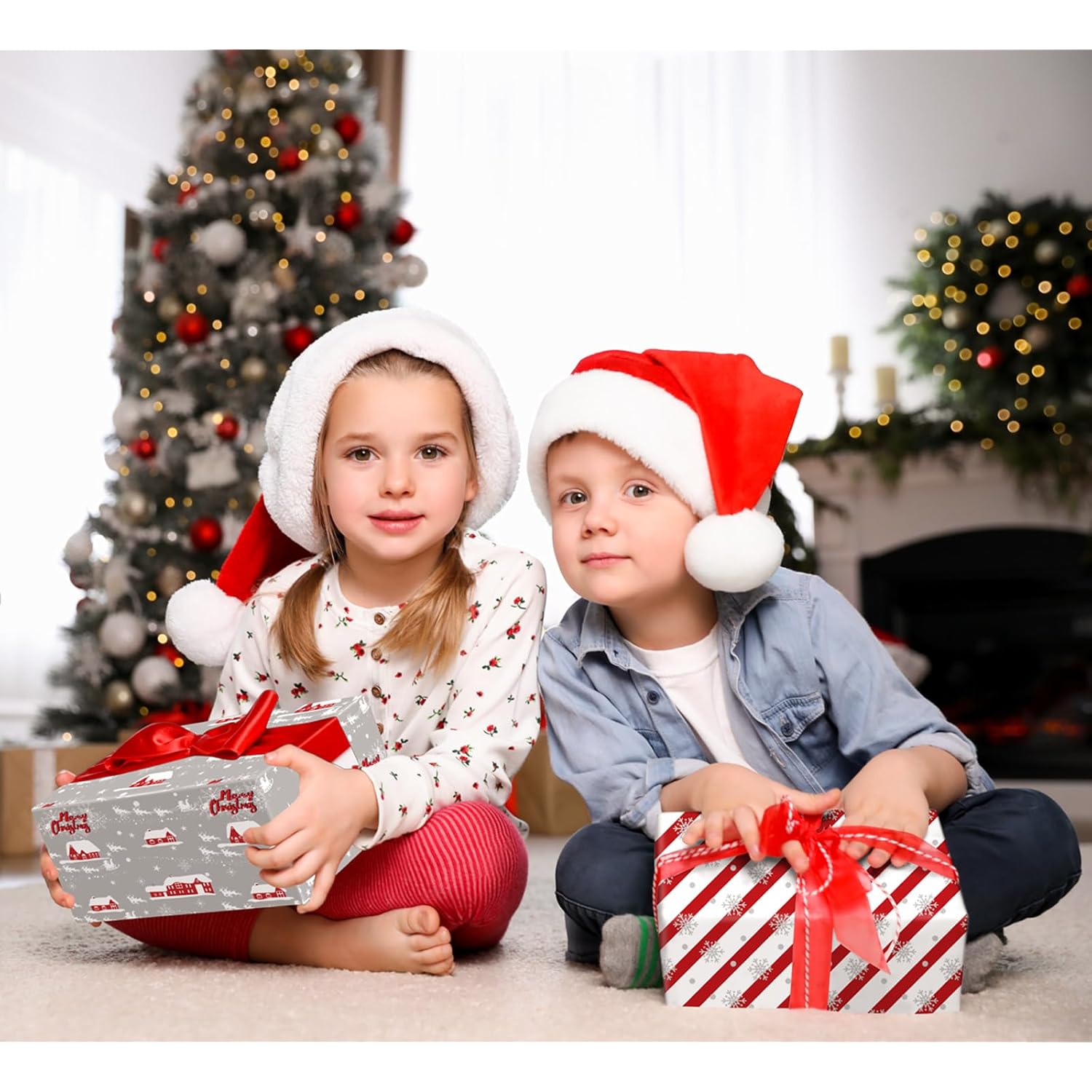 White Christmas Wrapping Paper Bundle For Kids Adults - Reindeer, Stripes, Woodlands, Snowflake, Red Truck Winter Scene Designs - 28 X 40 Inches, 6 Jumbo Sheets, Recycled