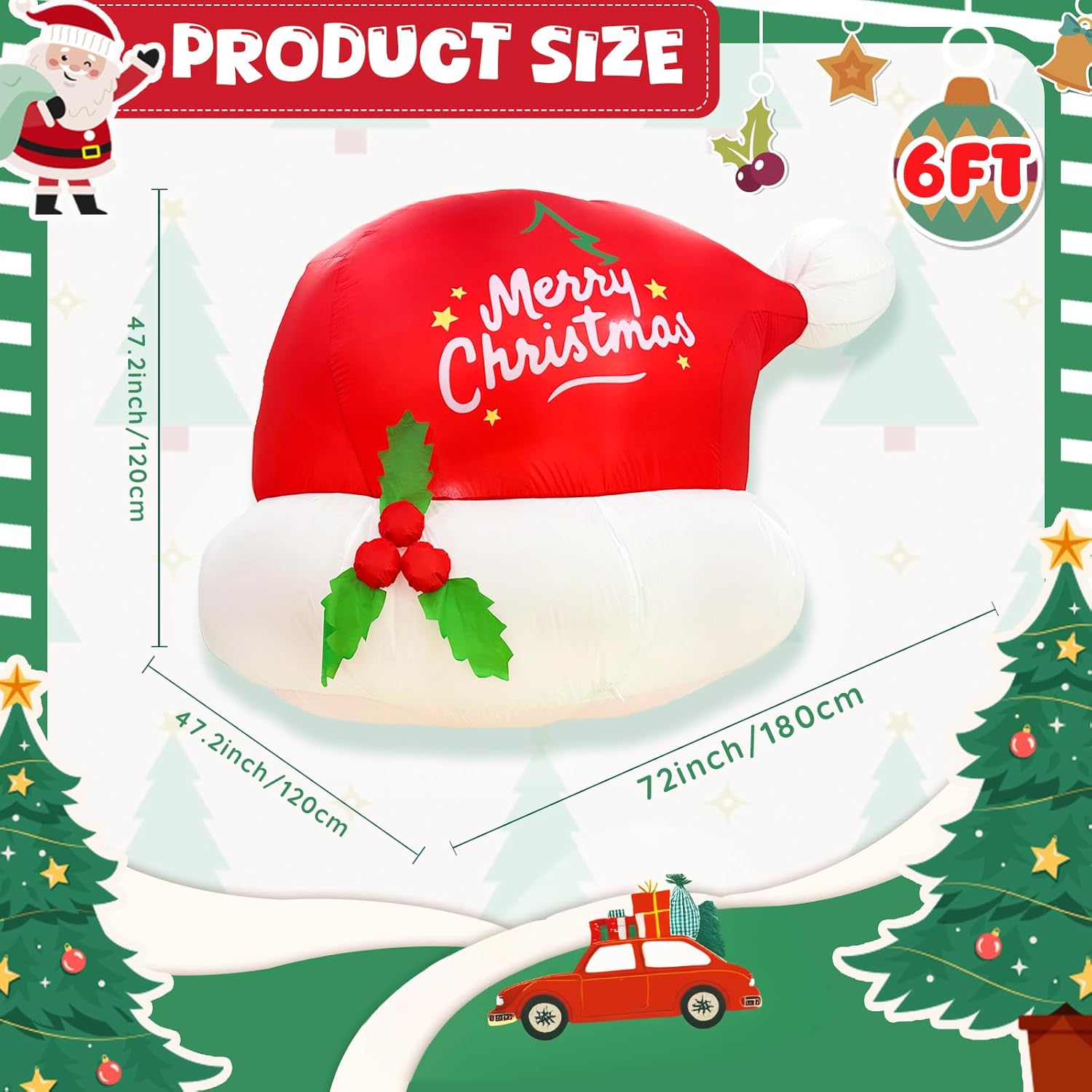 6Ft Inflatable Outdoor Decoration, Santa Hat Christmas Blow Up With Led Lights For Car Roof Xmas