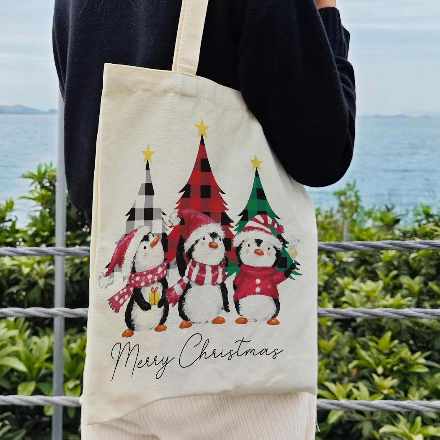 Christmas Penguin Canvas Tote For Women - Aesthetic Merry Christmas Cute Shopping Grocery Beach Bag - Gifts For Women, Teacher, Reusable