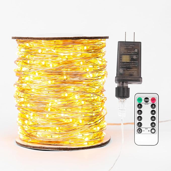100FT Plug In Fairy Lights 600 LED Warm White Silver Wire String Lights with Remote 8 Modes Waterproof for Wedding Christmas Decor