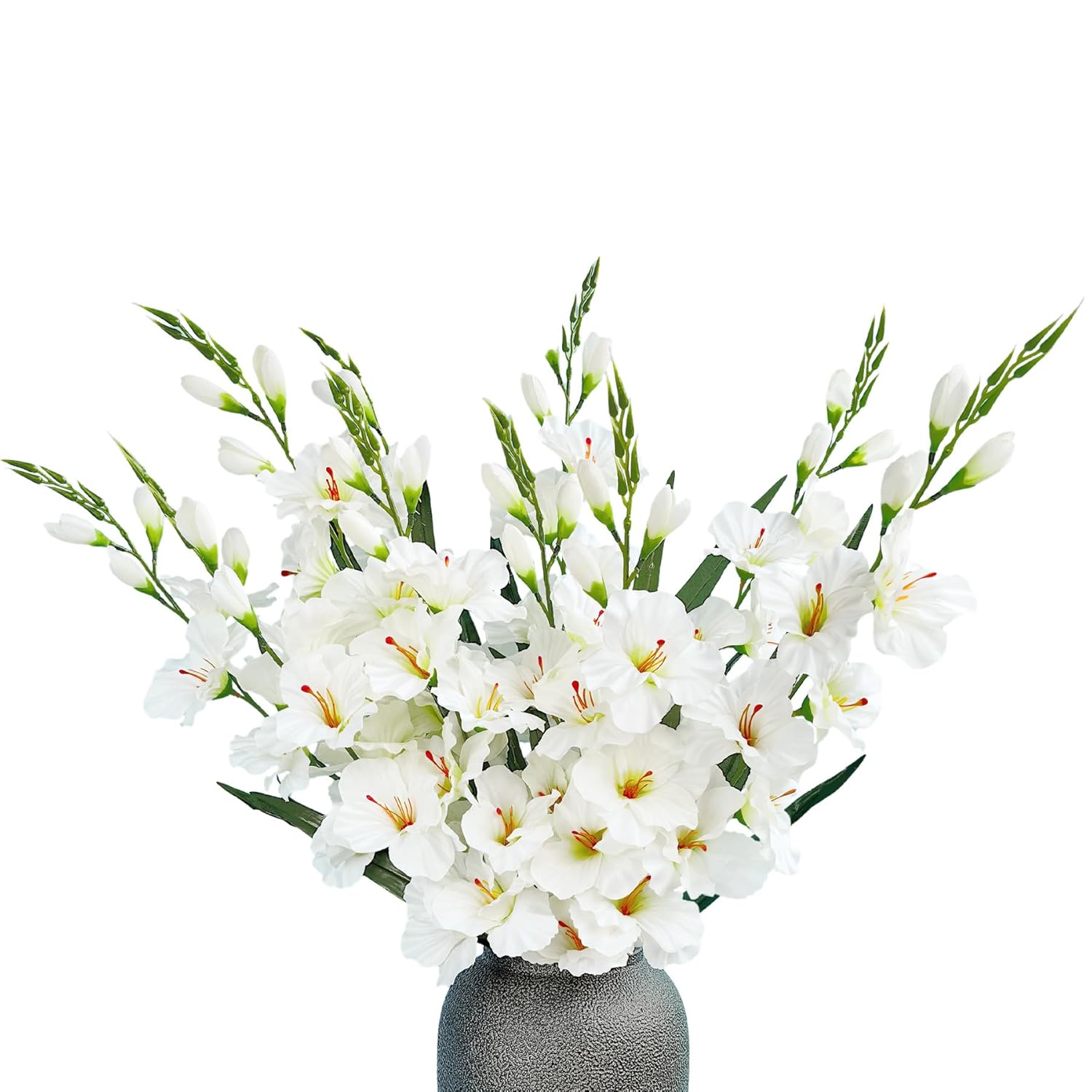 Pack Of 10 - Artificial Gladiolus Silk Orchids Flower Stems Fake Dendrobium Flowers Daffodils For Home Garden Party Wedding Decoration (White)