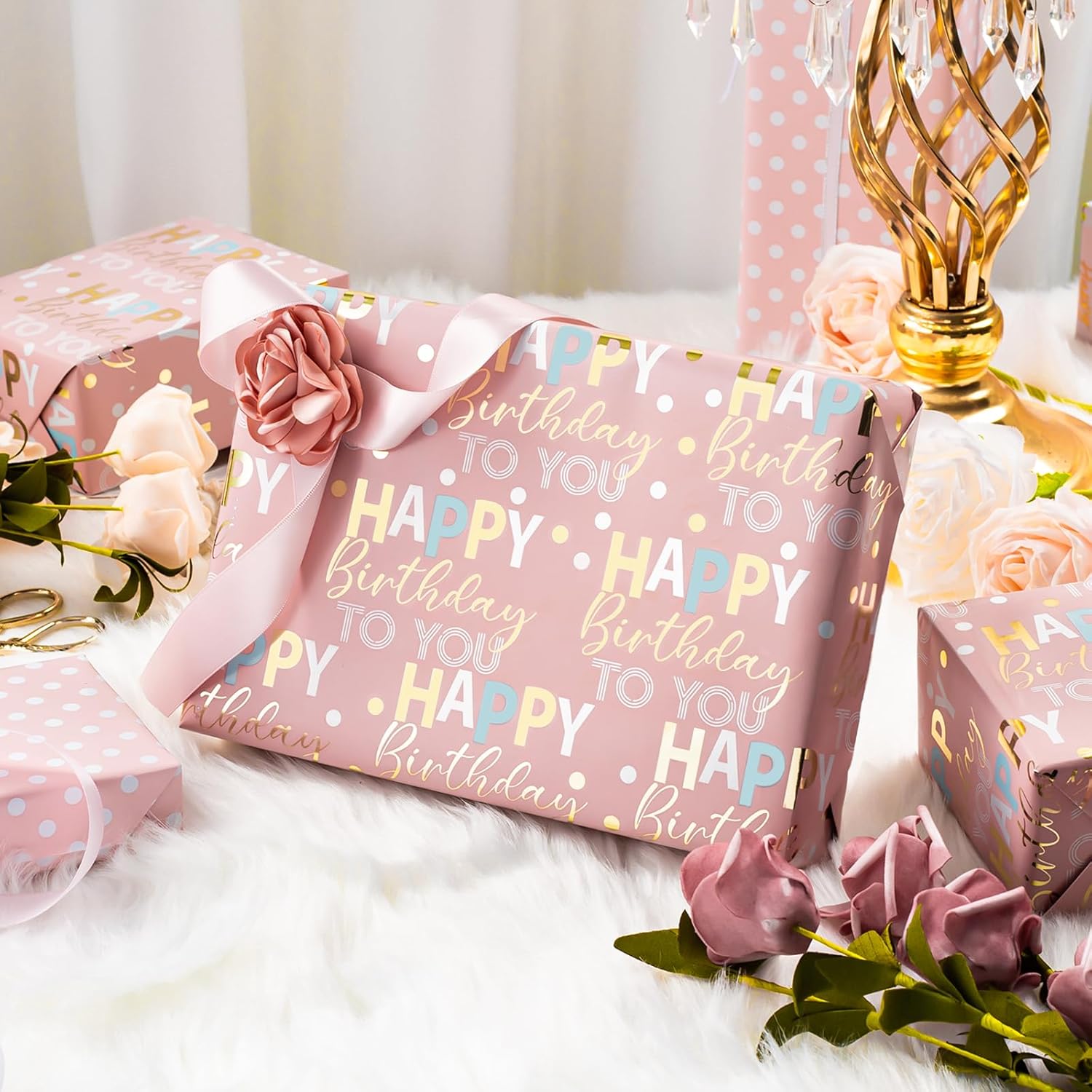 Reversible Pink Birthday Wrapping Paper Roll - 17 Inch X 33 Feet - Glitter Happy Birthday Lettering Metallic Foil Paper Girl Gift Wrap W/Polka Dot For Holiday Party Baby Shower Mother'S Day