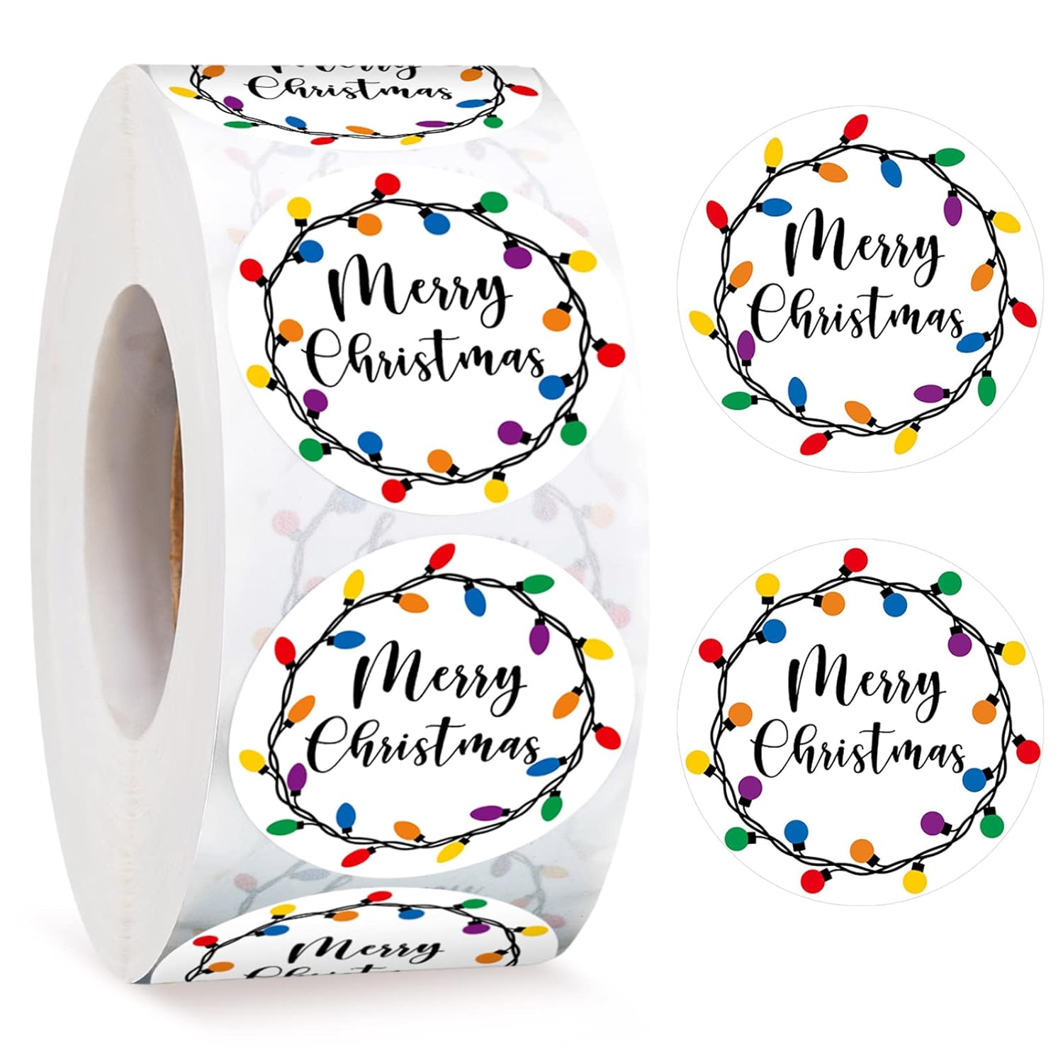 1000 Pcs 1.5 Inch Merry Christmas Sticker For Envelopes Circle Label Holiday Lights Sticker Round Xmas Tag Envelope Seal Decals For Christmas Greeting Card (Black)