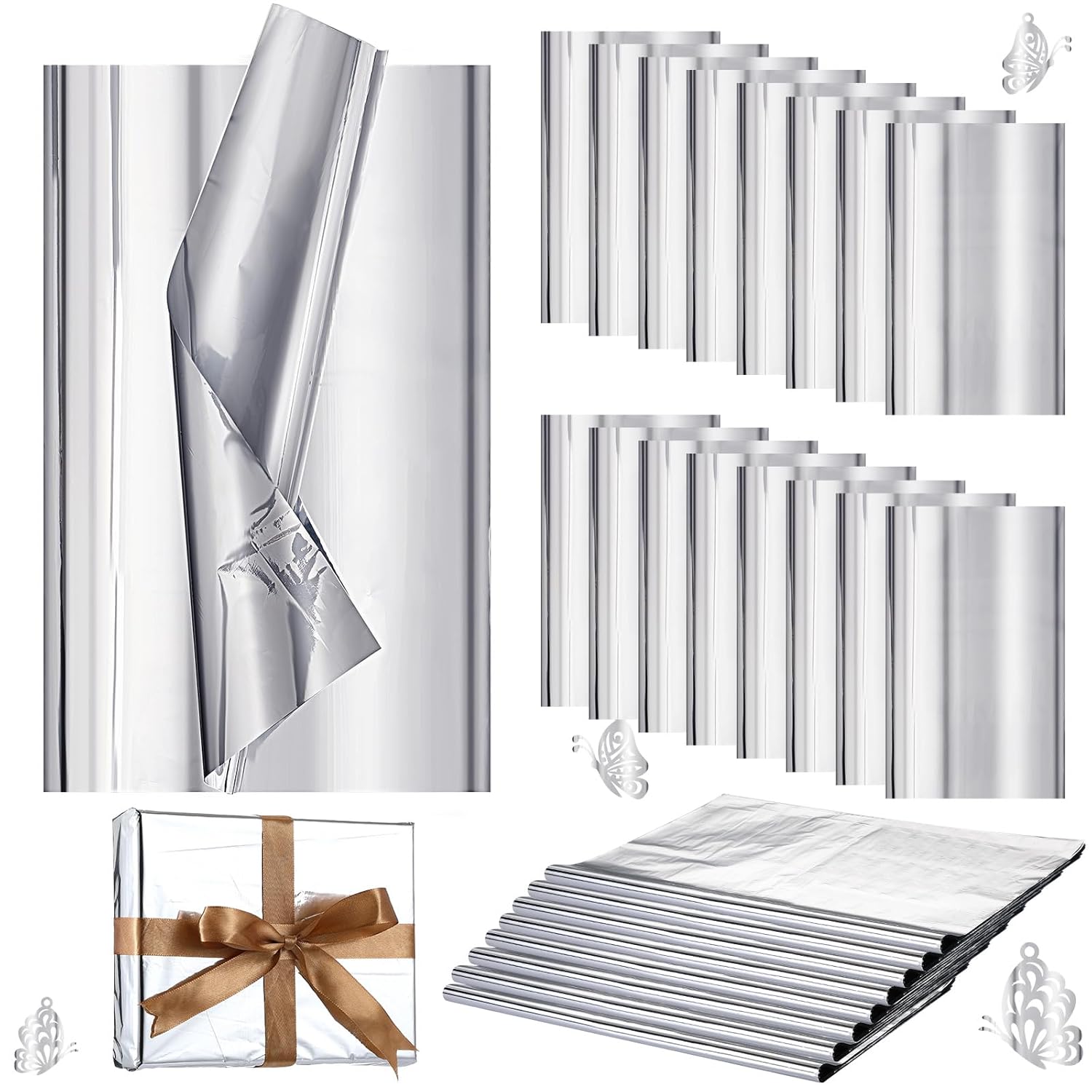 100 Sheets Silver Tissue Paper, 15'' X 20'' Inches Metallic Foil Tissue Sheets, Silver Wrapping Paper Bulk For Craft Diy Gift Wedding Birthday Party Decorations Arts Project