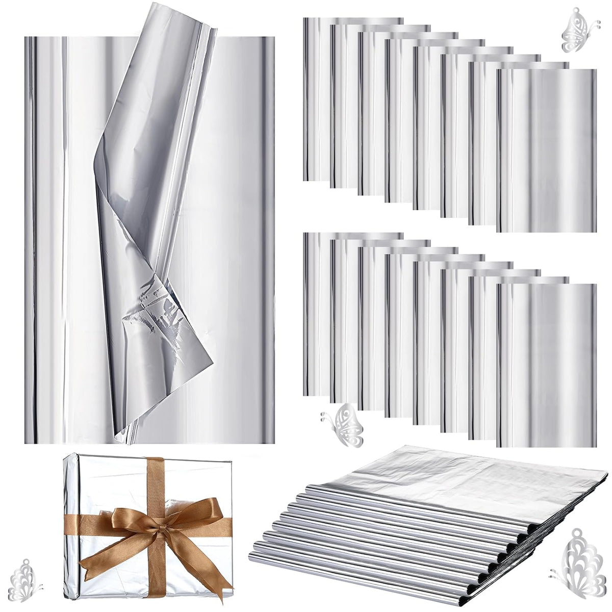 100 Sheets Silver Tissue Paper, 15'' X 20'' Inches Metallic Foil Tissue Sheets, Silver Wrapping Paper Bulk For Craft Diy Gift Wedding Birthday Party Decorations Arts Project