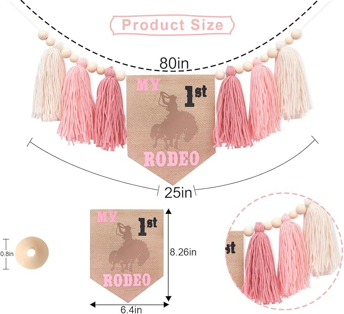 My First Rodeo High Chair Banner — Pink Tassel Cowgirl 1st Birthday Decor