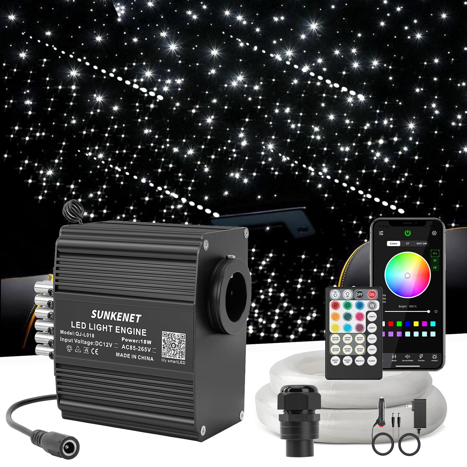 12W Twinkle & Meteor 2 In 1 Rgbw Starlight Headliner Kit, 450Pcs Of(0.03+0.04+0.06In)*9.8Ft+96Pcs Shooting Star Kit For Car Roof/Home Ceiling With Bluetooth App/Remote Control/Music Effect
